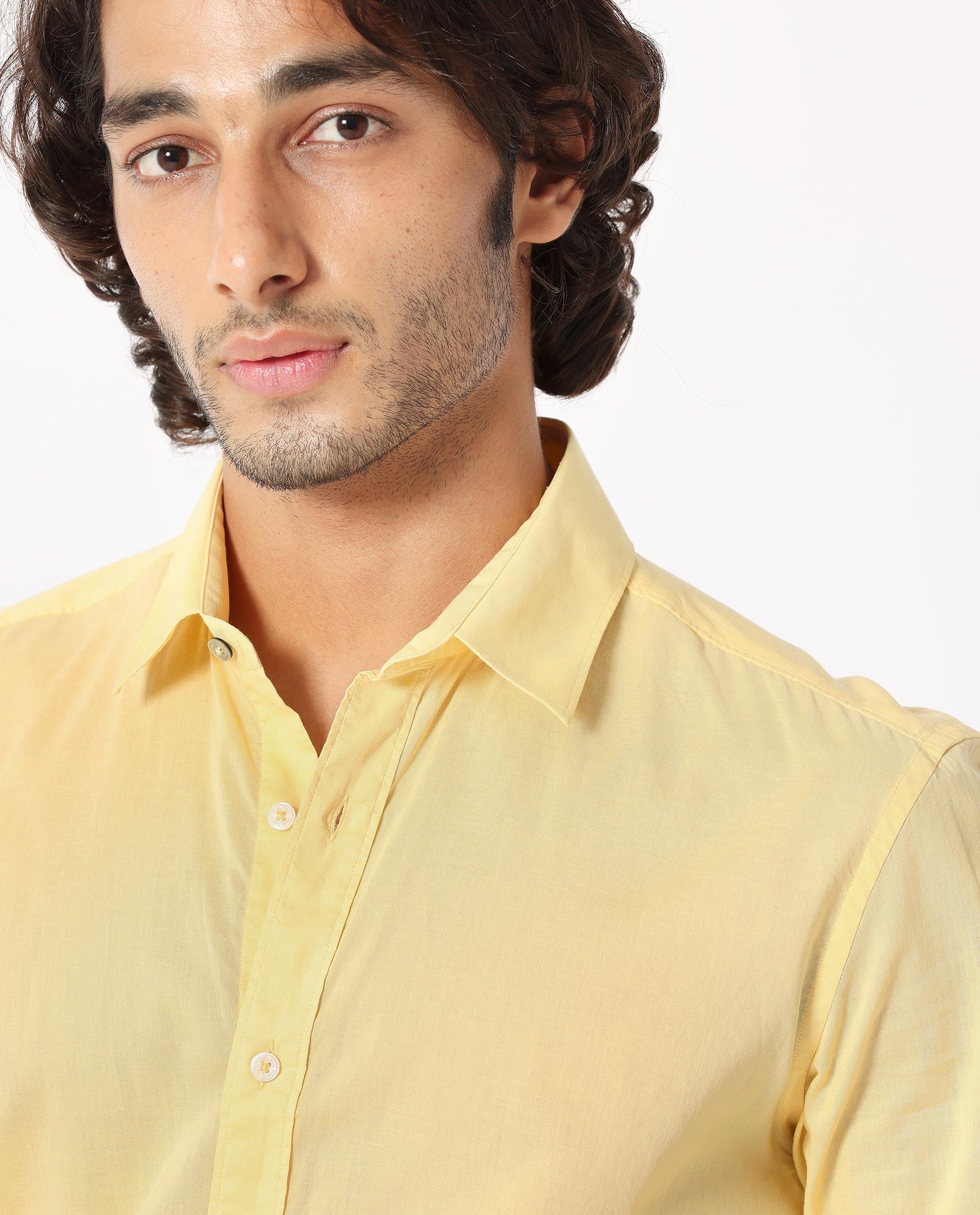Rare Rabbit Men's Flees Yellow Cotton Plain Regular Fit Full Sleeve Collared Shirt - Image 5