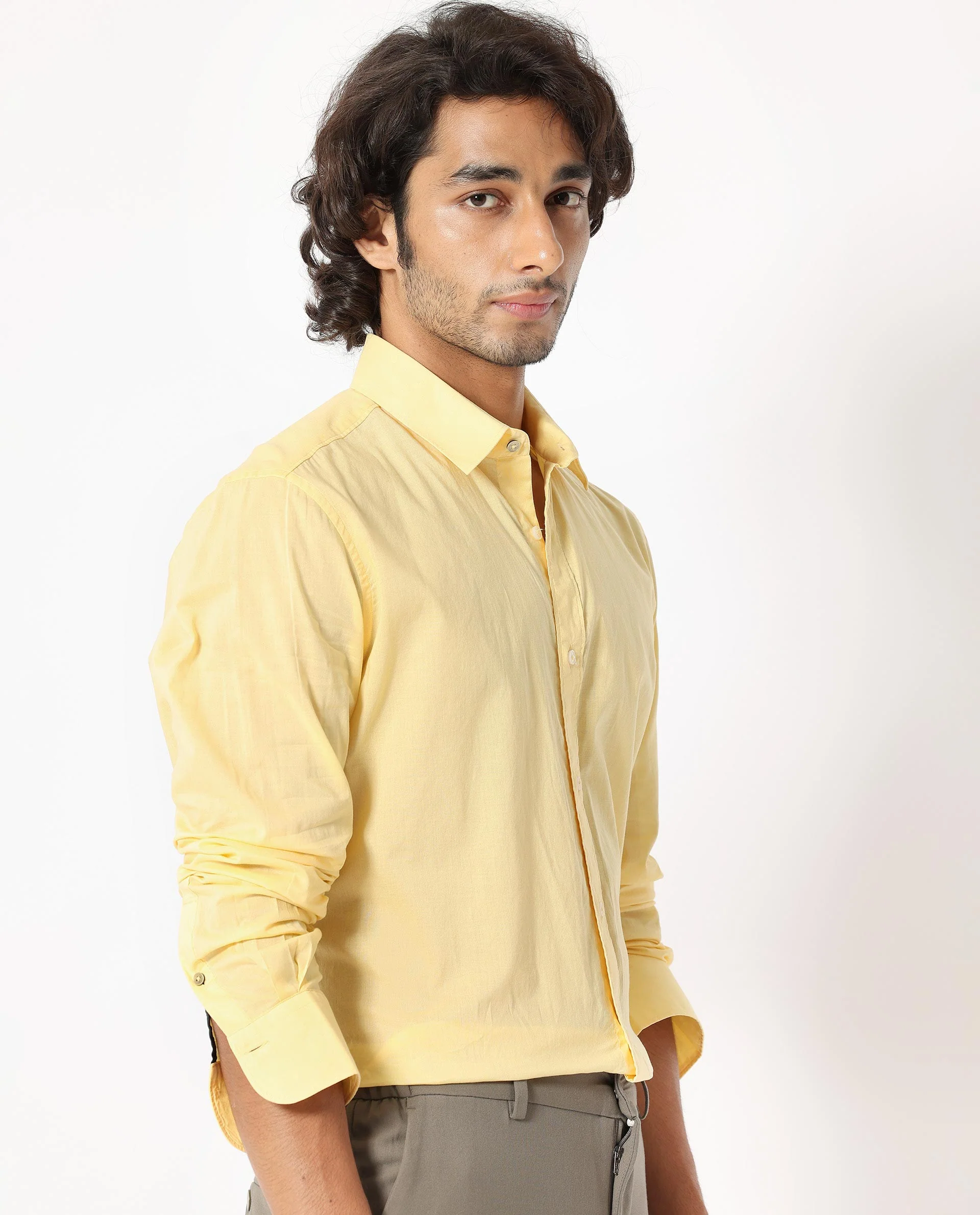 Rare Rabbit Men's Flees Yellow Cotton Plain Regular Fit Full Sleeve Collared Shirt - Image 6
