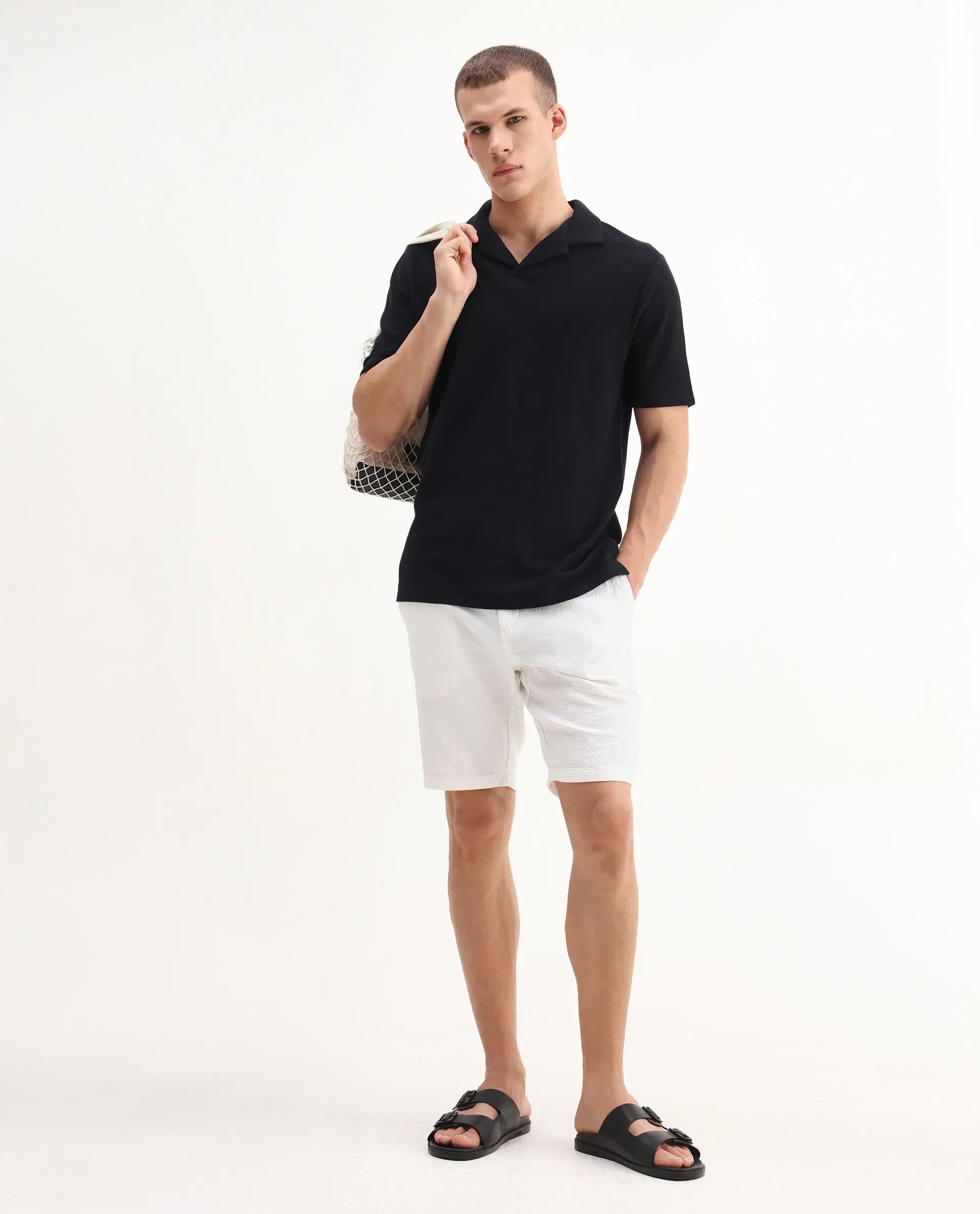 Rare Rabbit Men's Flen Black Cotton Plain Regular Fit Half Sleeve Polo - Image 2