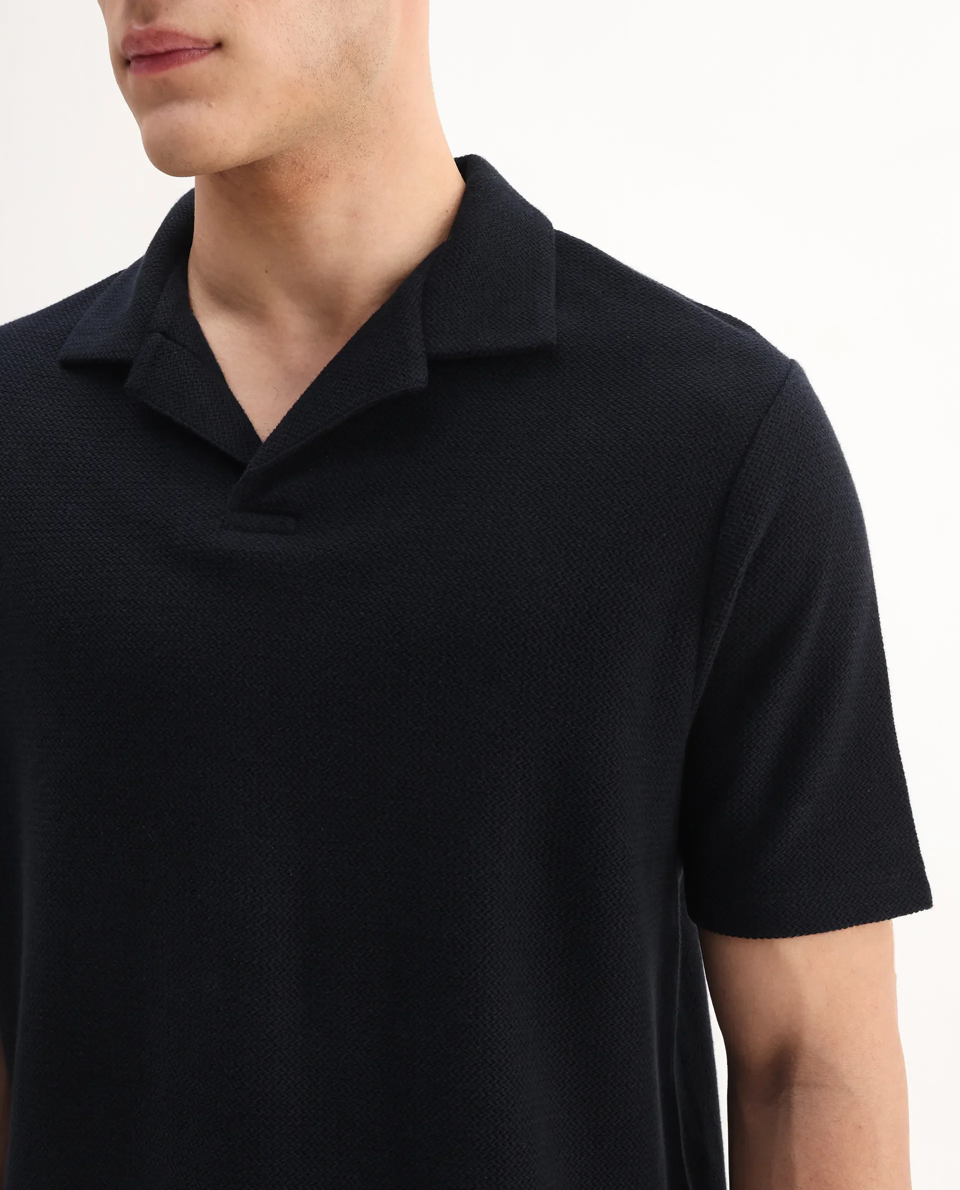 Rare Rabbit Men's Flen Black Cotton Plain Regular Fit Half Sleeve Polo - Image 3