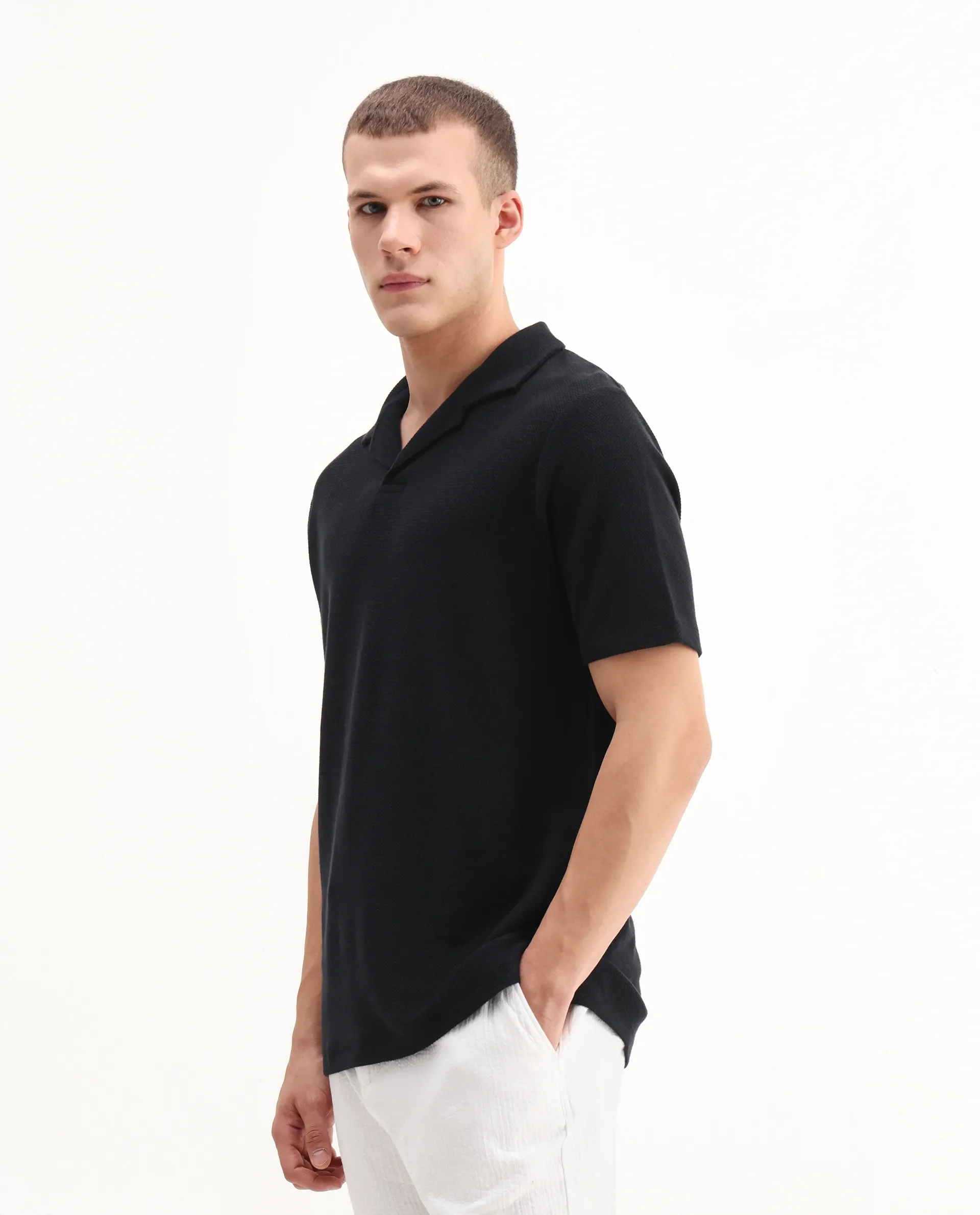 Rare Rabbit Men's Flen Black Cotton Plain Regular Fit Half Sleeve Polo - Image 4