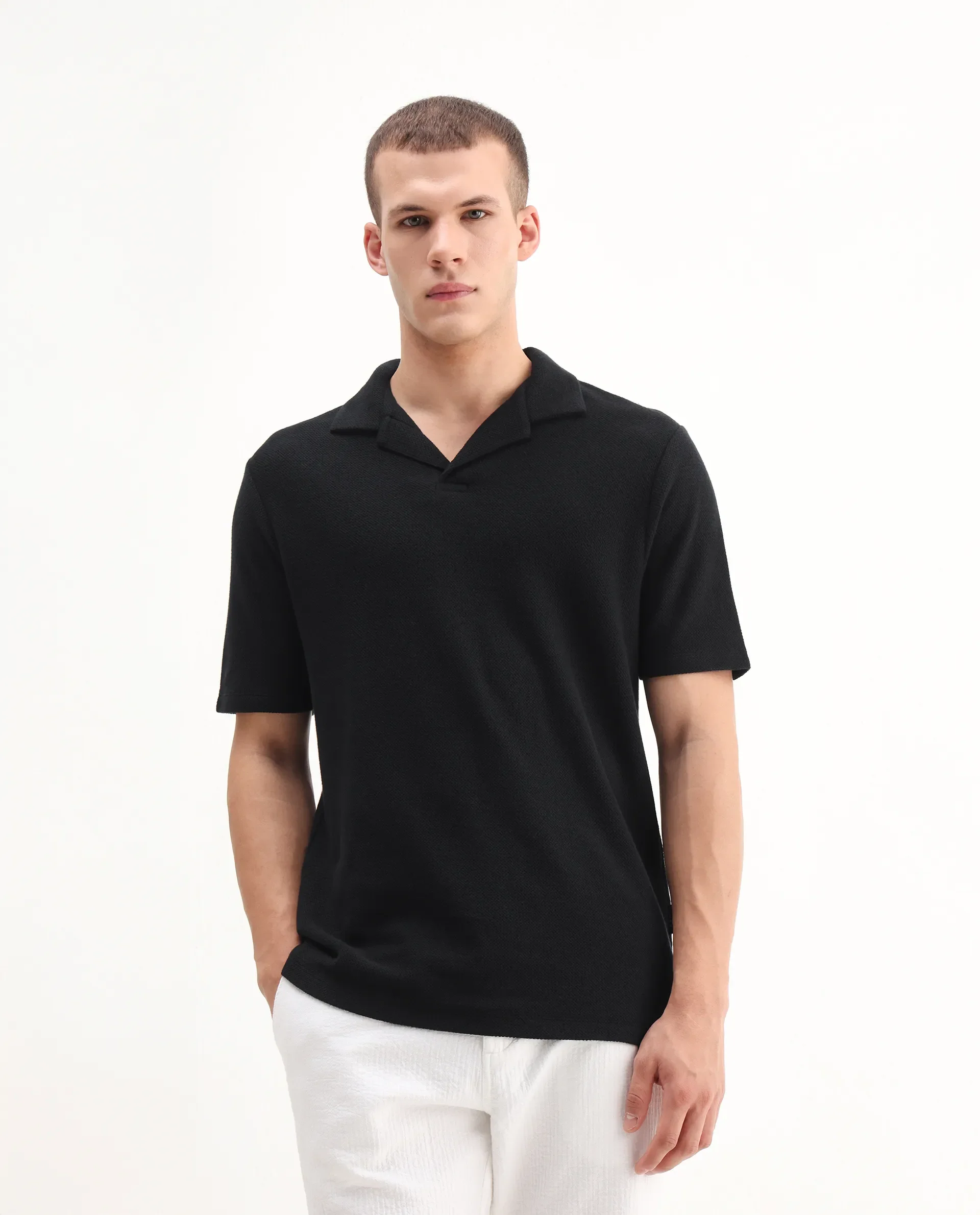 Rare Rabbit Men's Flen Black Cotton Plain Regular Fit Half Sleeve Polo - Image 5