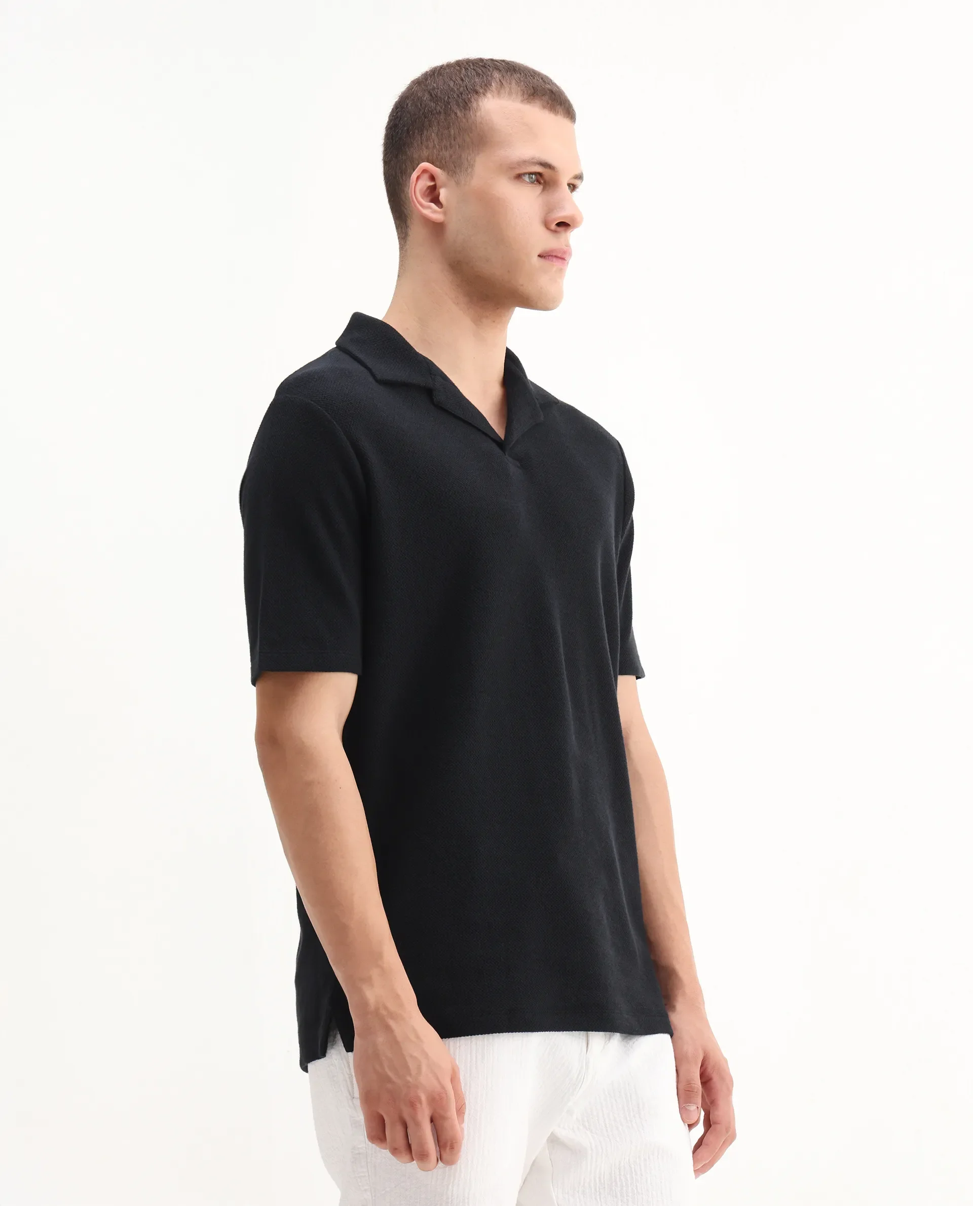 Rare Rabbit Men's Flen Black Cotton Plain Regular Fit Half Sleeve Polo - Image 6