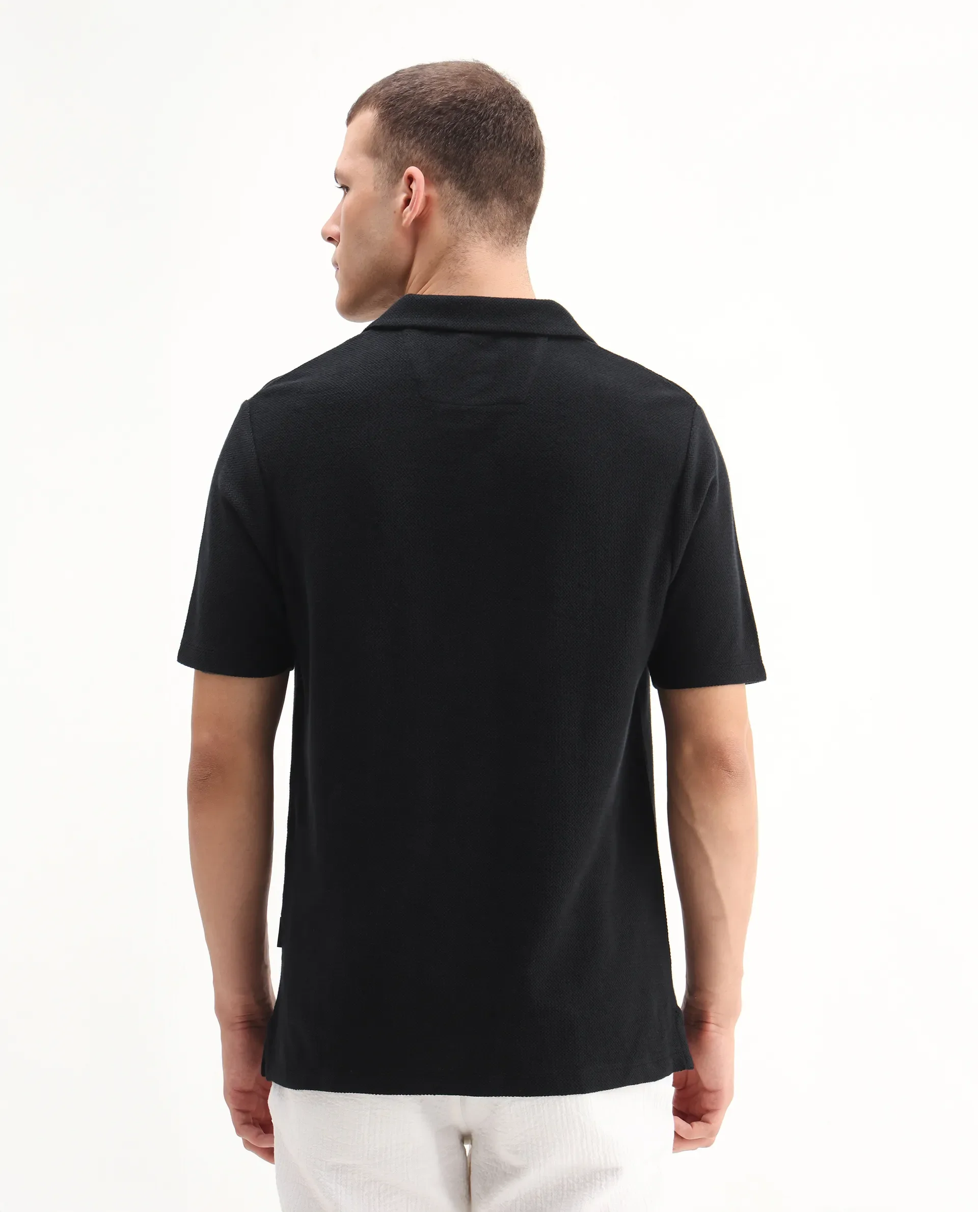 Rare Rabbit Men's Flen Black Cotton Plain Regular Fit Half Sleeve Polo - Image 7