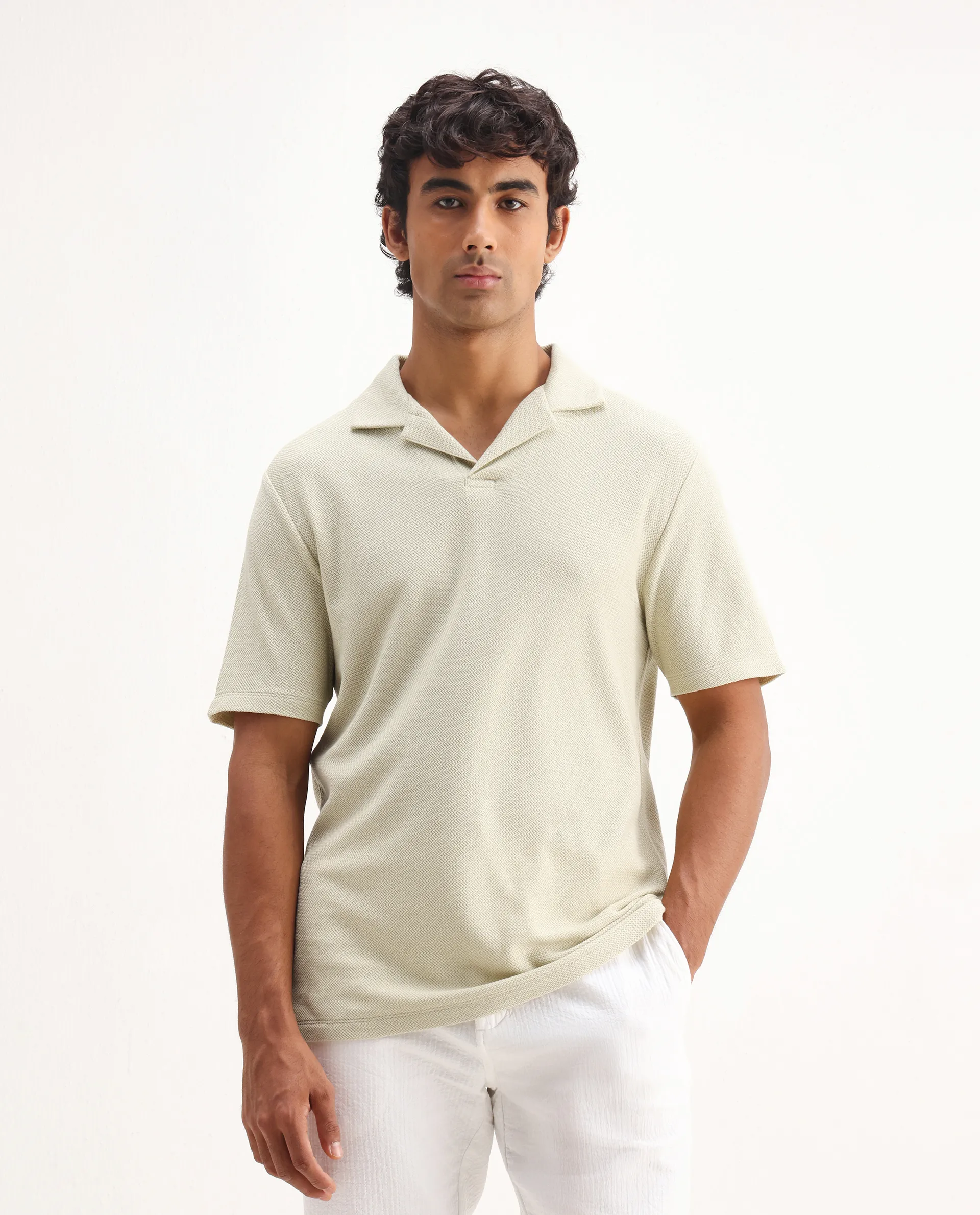 Rare Rabbit Men's Flen Pastel Green Cotton Plain Regular Fit Half Sleeve Polo - Image 4