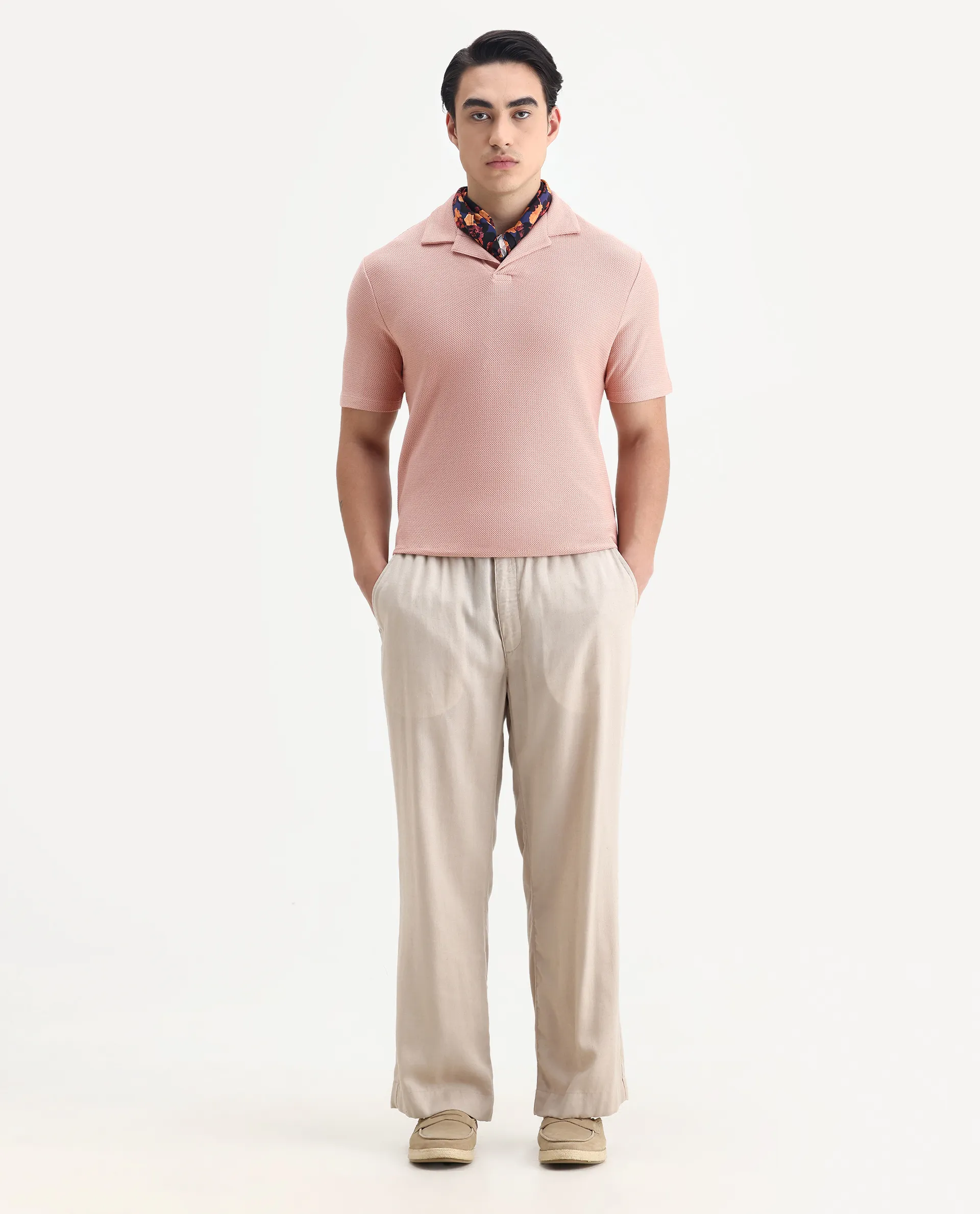 Rare Rabbit Men's Flen Pastel Peach Cotton Plain Regular Fit Half Sleeve Polo - Image 2
