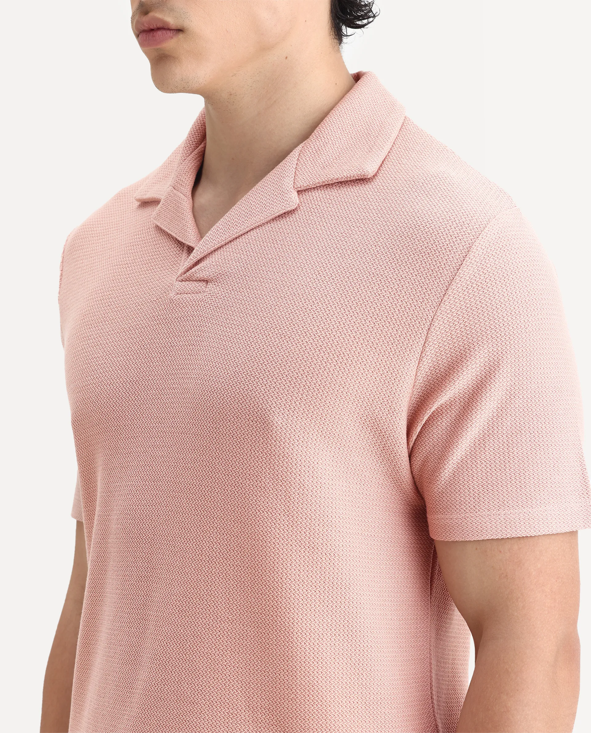 Rare Rabbit Men's Flen Pastel Peach Cotton Plain Regular Fit Half Sleeve Polo - Image 3