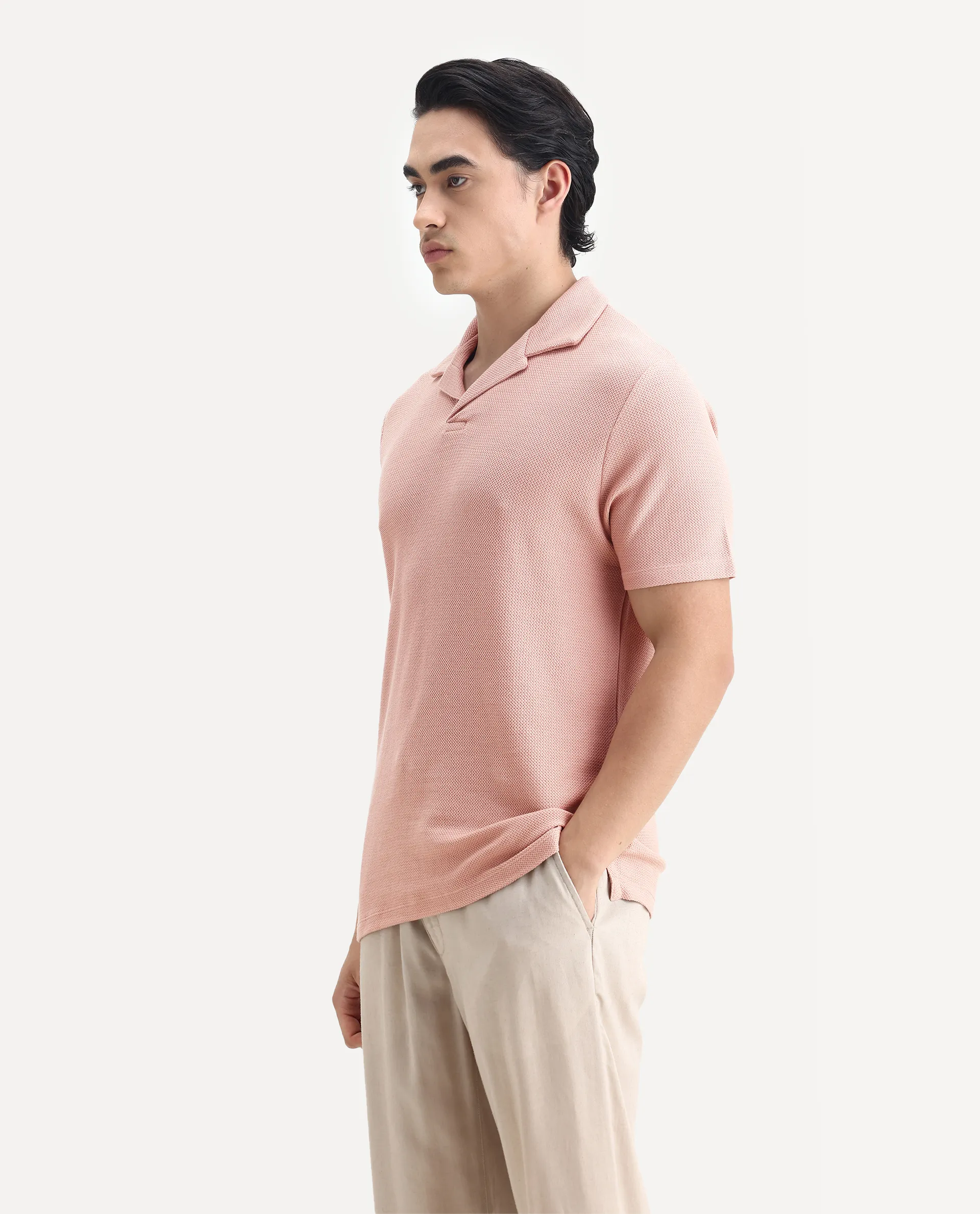 Rare Rabbit Men's Flen Pastel Peach Cotton Plain Regular Fit Half Sleeve Polo - Image 4