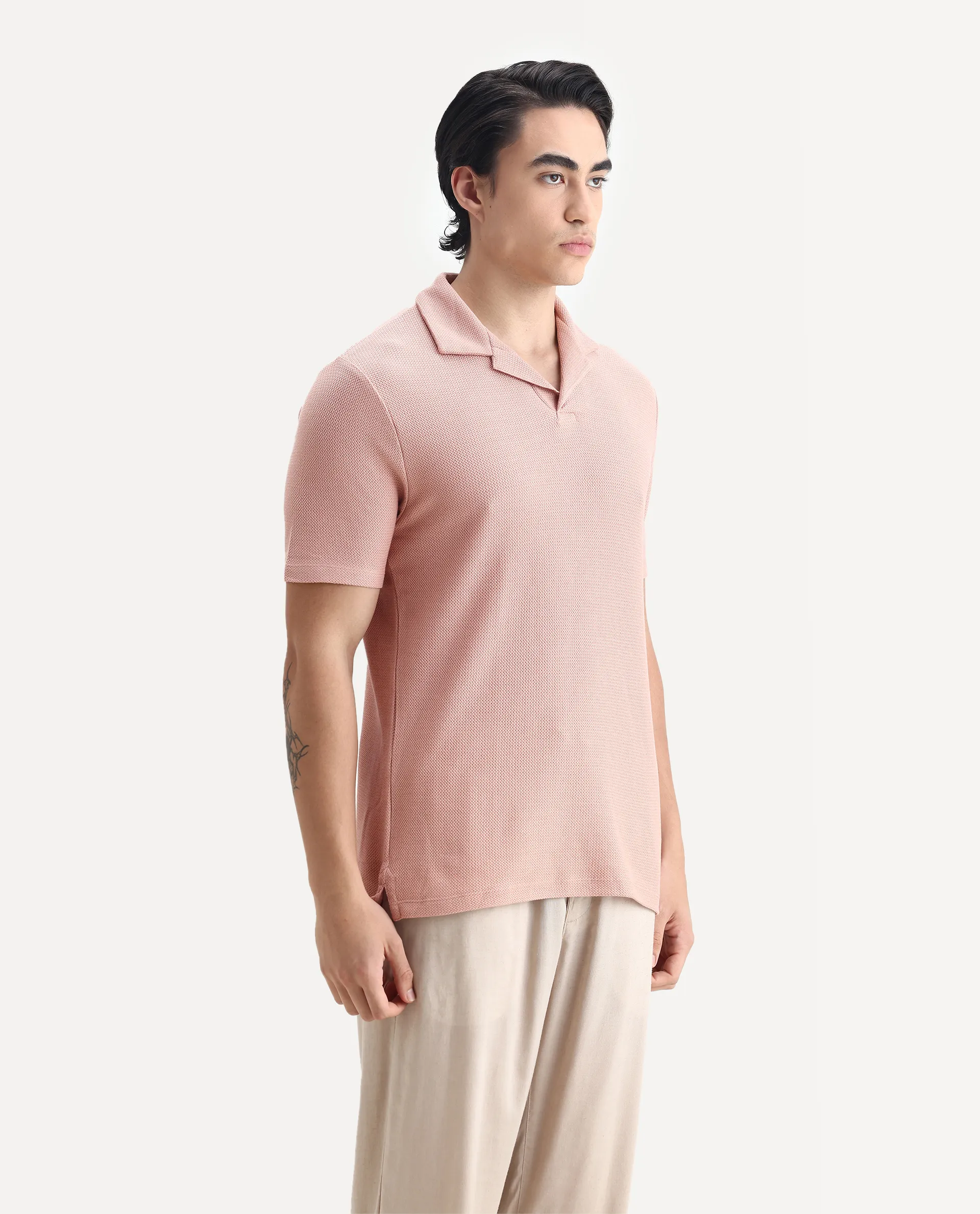 Rare Rabbit Men's Flen Pastel Peach Cotton Plain Regular Fit Half Sleeve Polo - Image 5