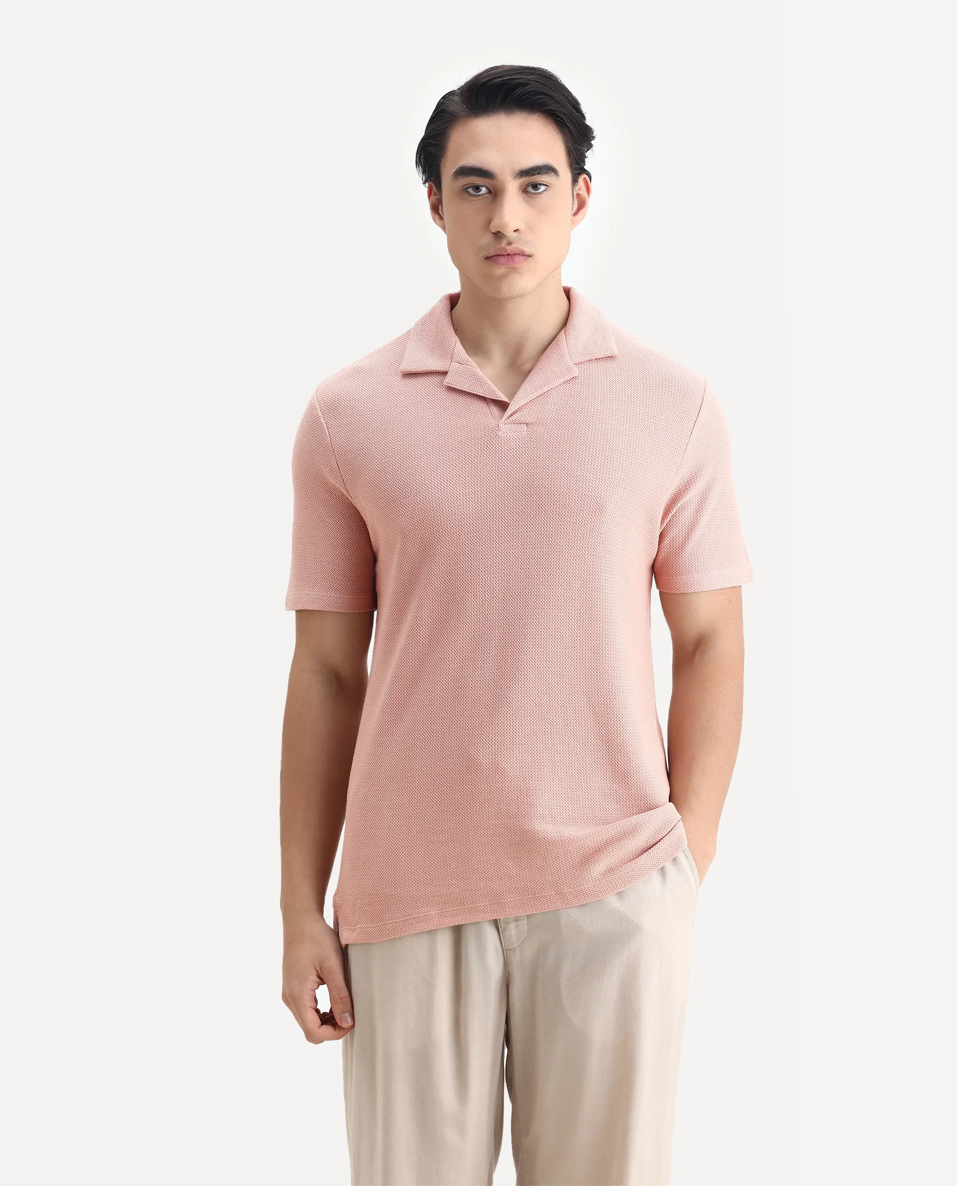 Rare Rabbit Men's Flen Pastel Peach Cotton Plain Regular Fit Half Sleeve Polo - Image 6