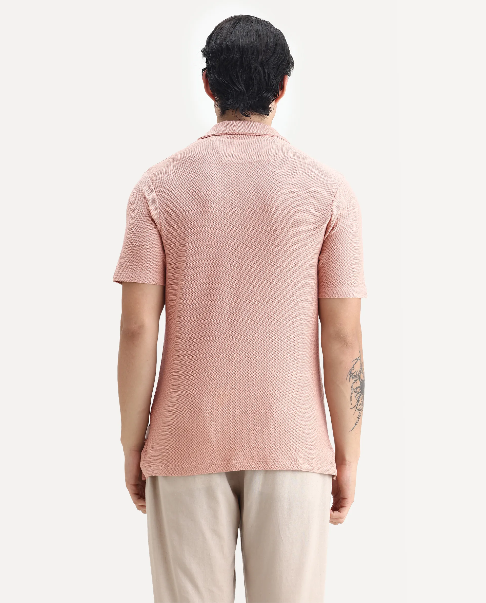 Rare Rabbit Men's Flen Pastel Peach Cotton Plain Regular Fit Half Sleeve Polo - Image 7