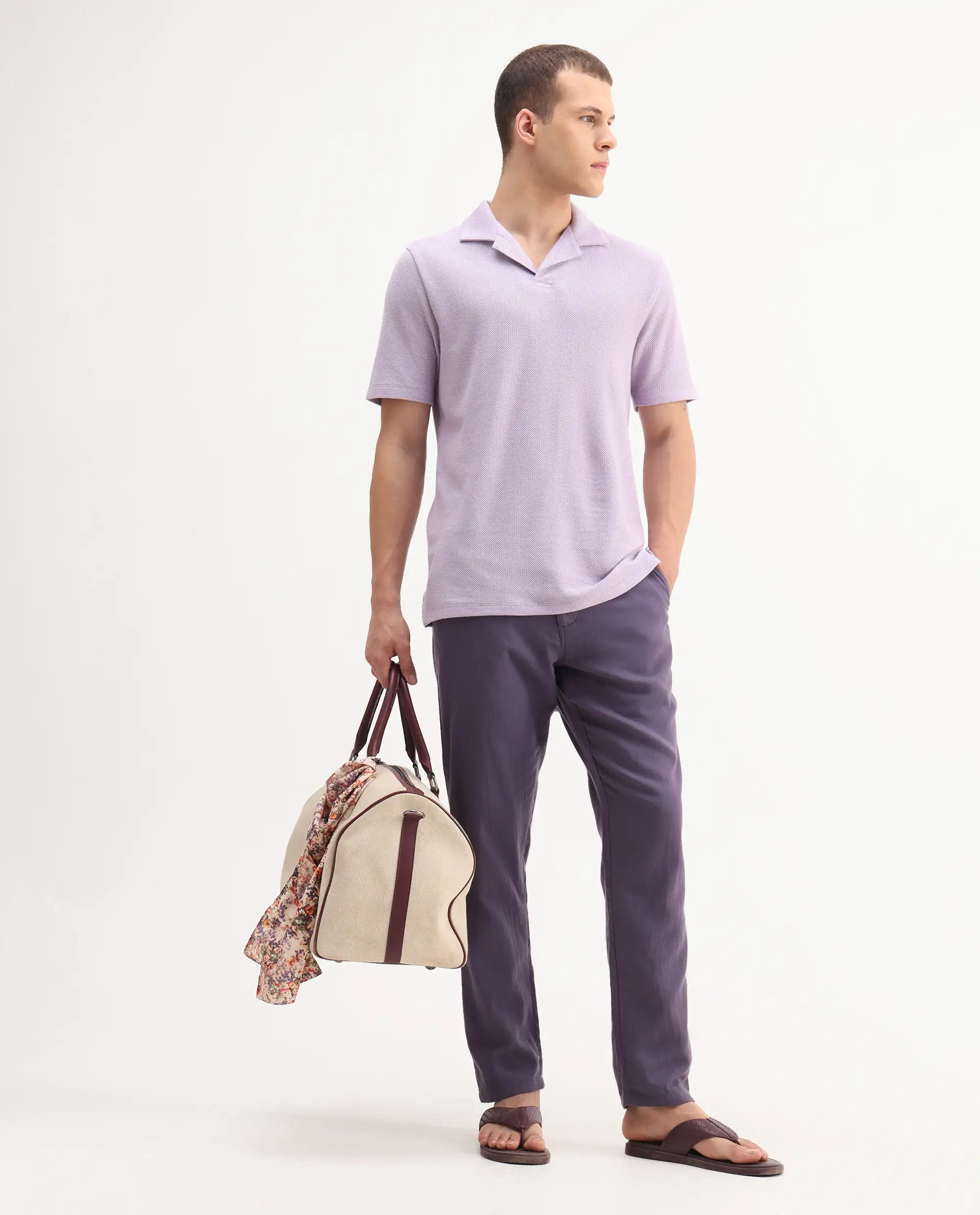 Rare Rabbit Men's Flen Pastel Purple Cotton Plain Regular Fit Half Sleeve Polo - Image 2