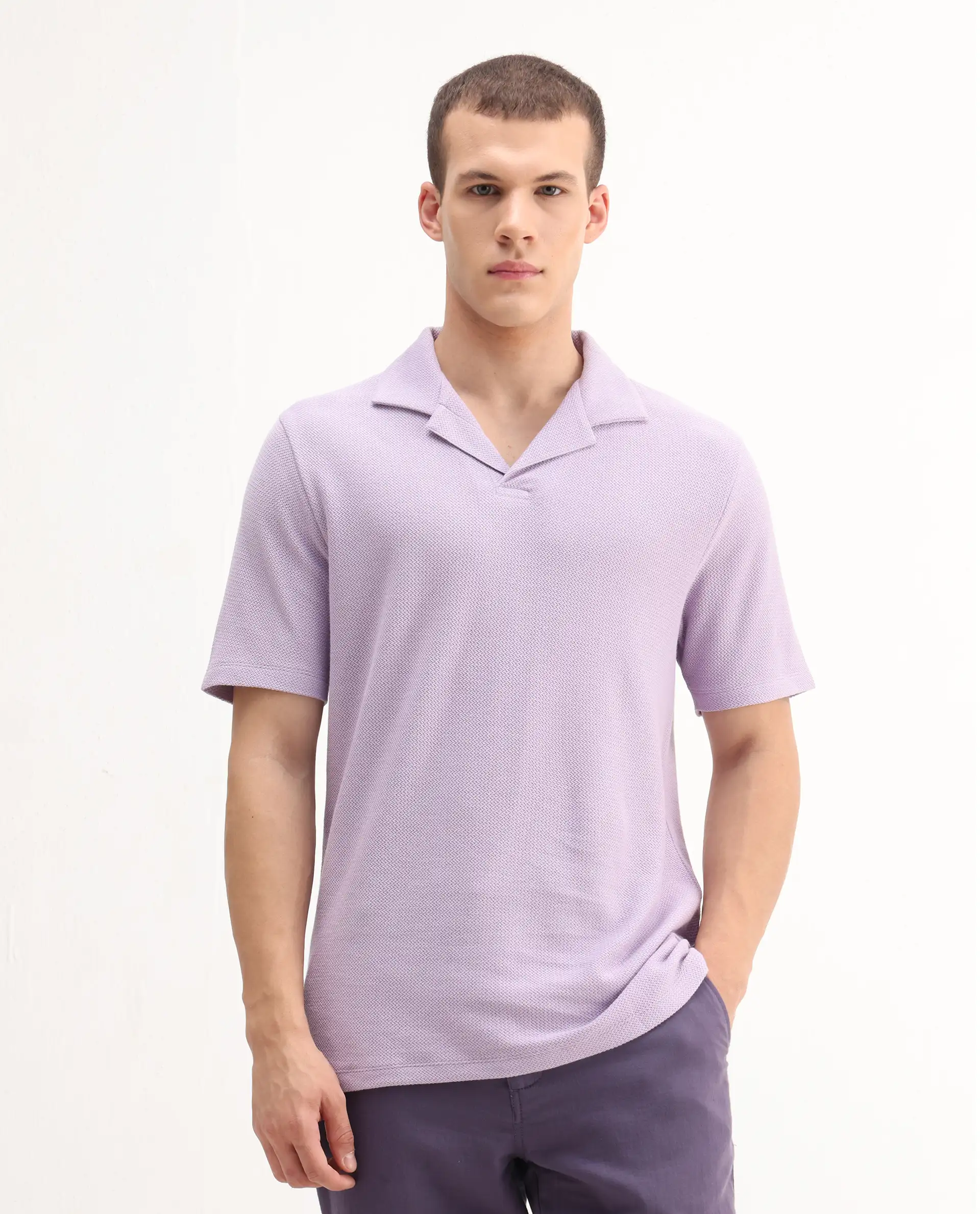 Rare Rabbit Men's Flen Pastel Purple Cotton Plain Regular Fit Half Sleeve Polo - Image 3