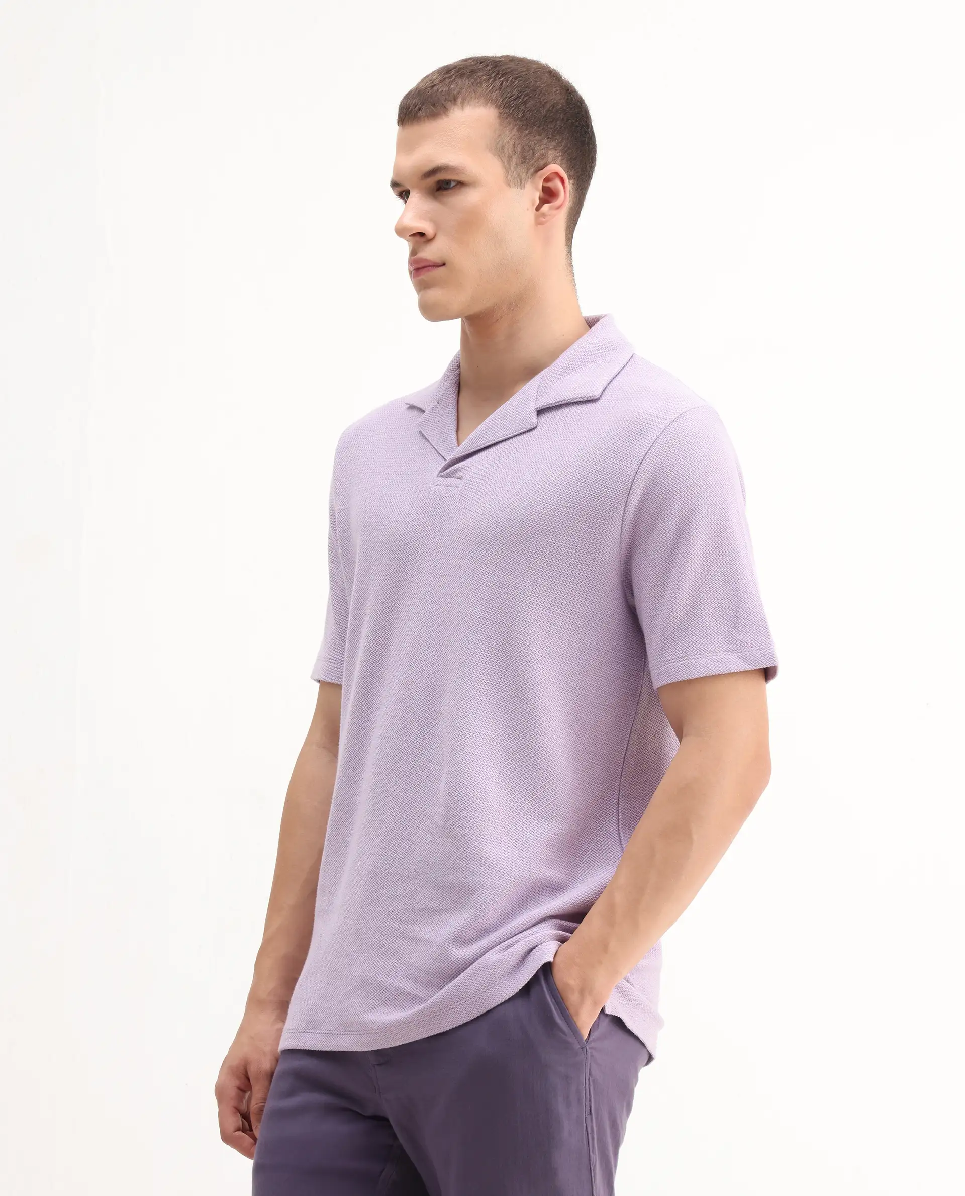 Rare Rabbit Men's Flen Pastel Purple Cotton Plain Regular Fit Half Sleeve Polo - Image 6