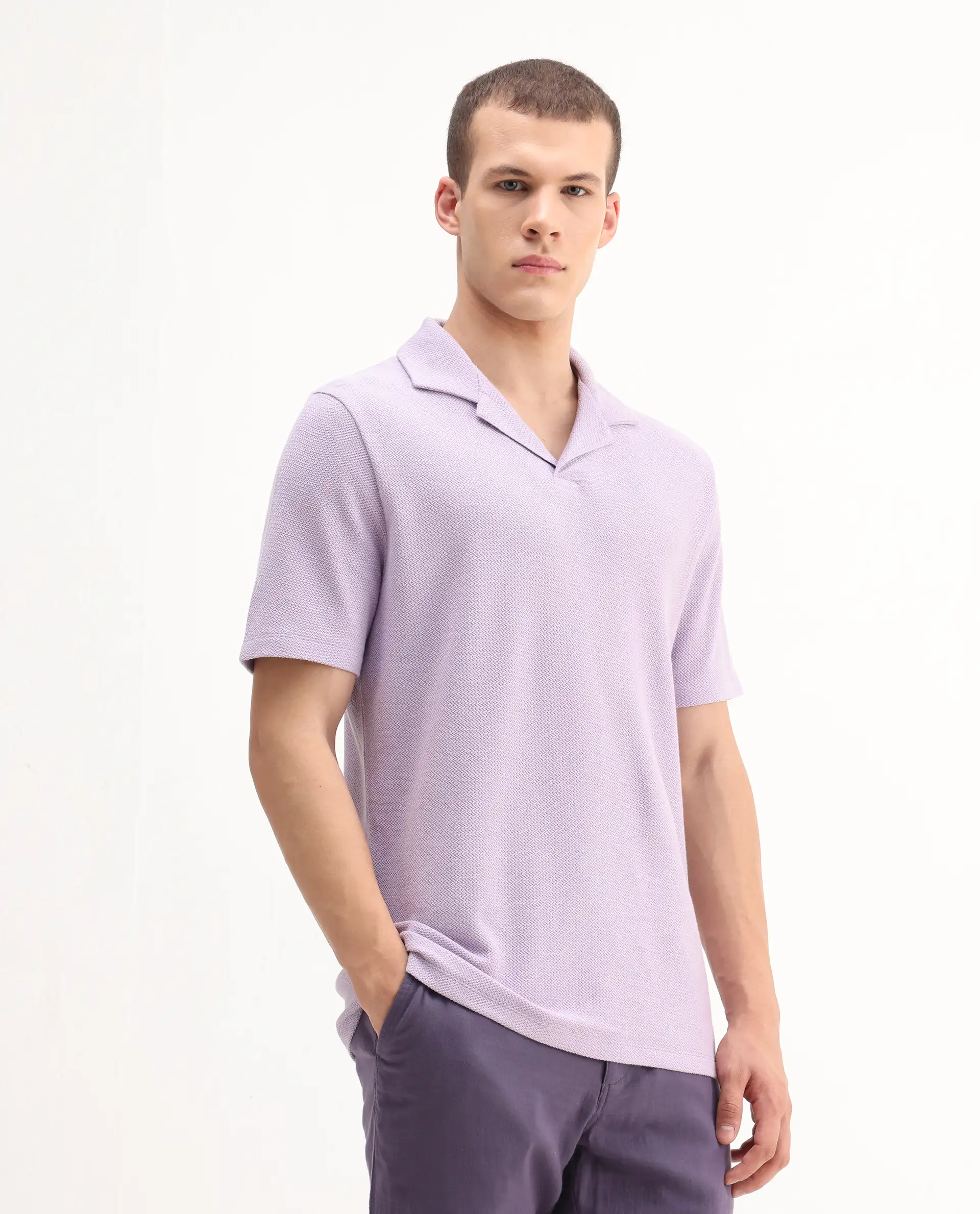 Rare Rabbit Men's Flen Pastel Purple Cotton Plain Regular Fit Half Sleeve Polo - Image 7
