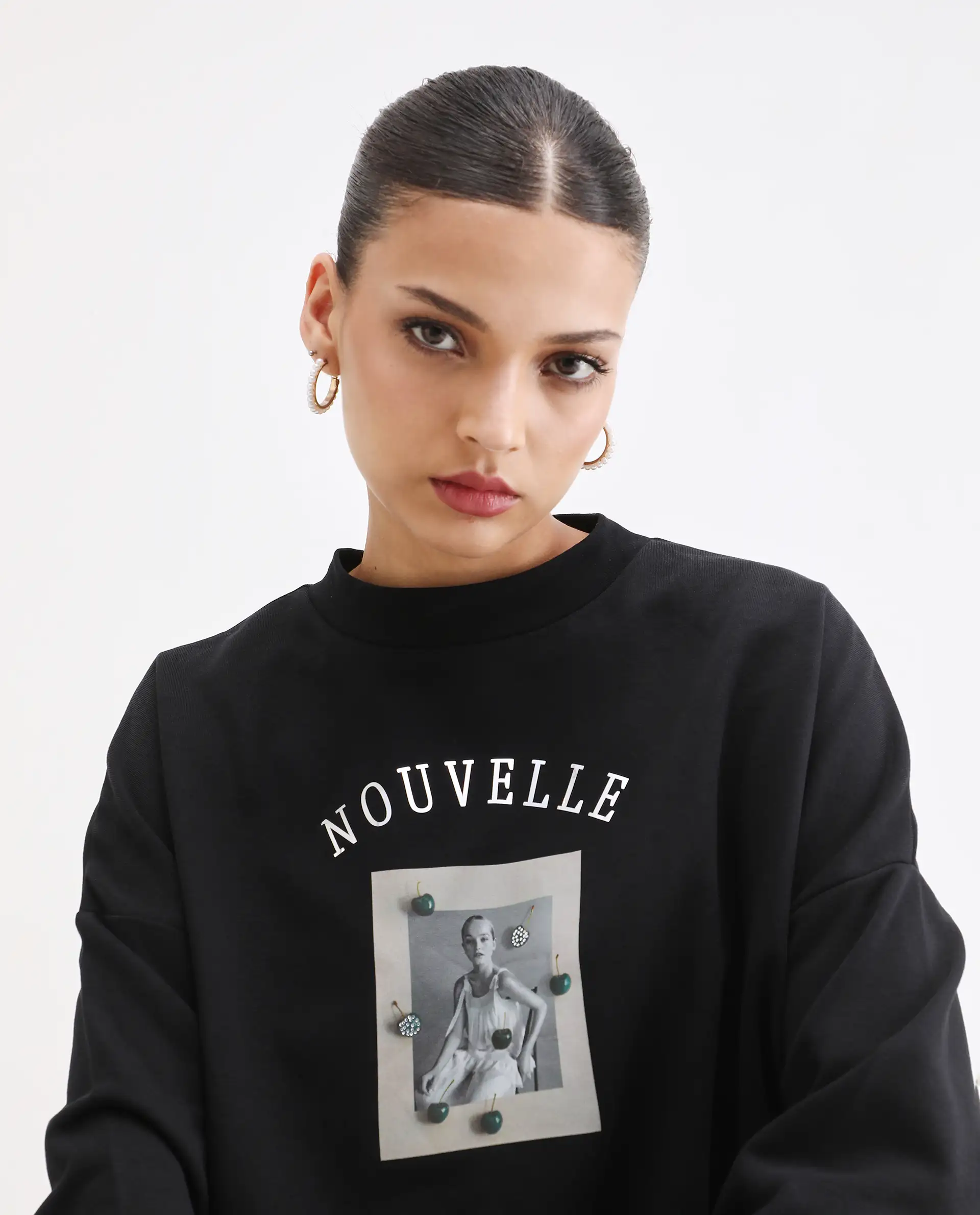 Rareism Women's Flen Black Cotton Blend Crew Neck Oversize Fit Graphic Print Sweatshirt - Image 2