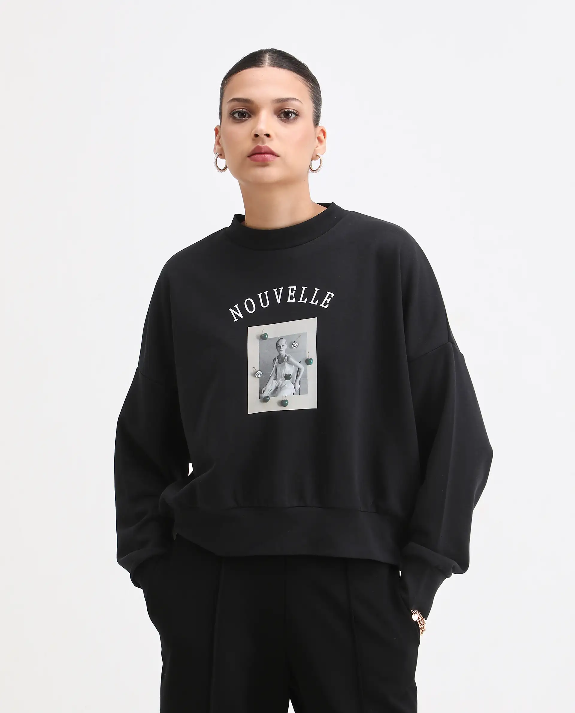 Rareism Women's Flen Black Cotton Blend Crew Neck Oversize Fit Graphic Print Sweatshirt - Image 3