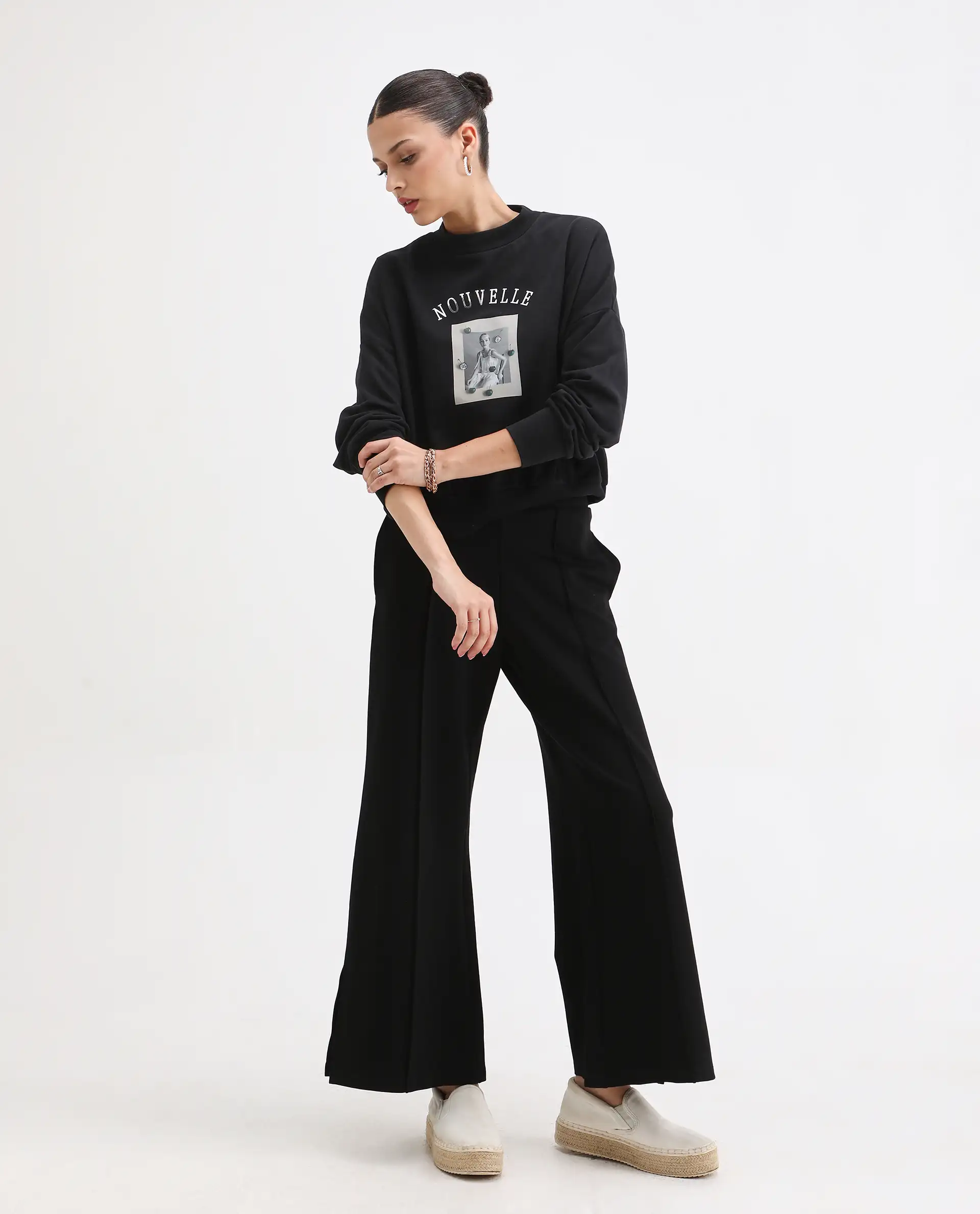 Rareism Women's Flen Black Cotton Blend Crew Neck Oversize Fit Graphic Print Sweatshirt - Image 5
