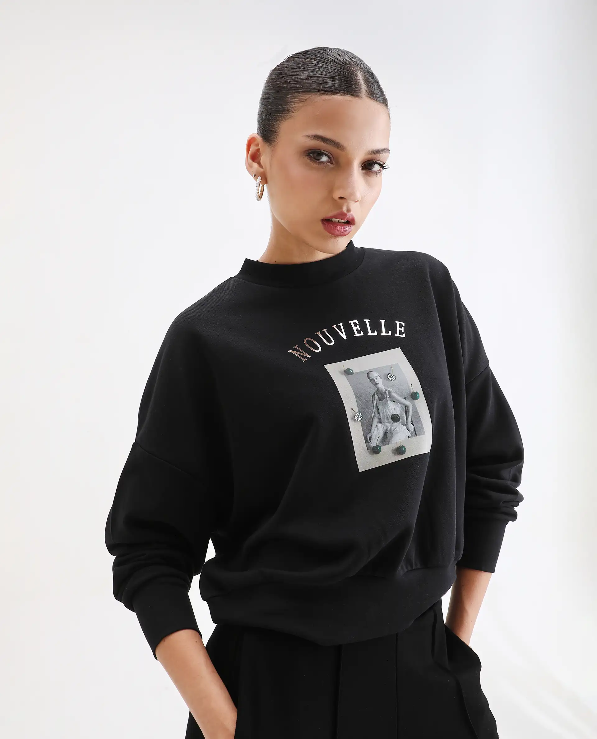 Rareism Women's Flen Black Cotton Blend Crew Neck Oversize Fit Graphic Print Sweatshirt - Image 6