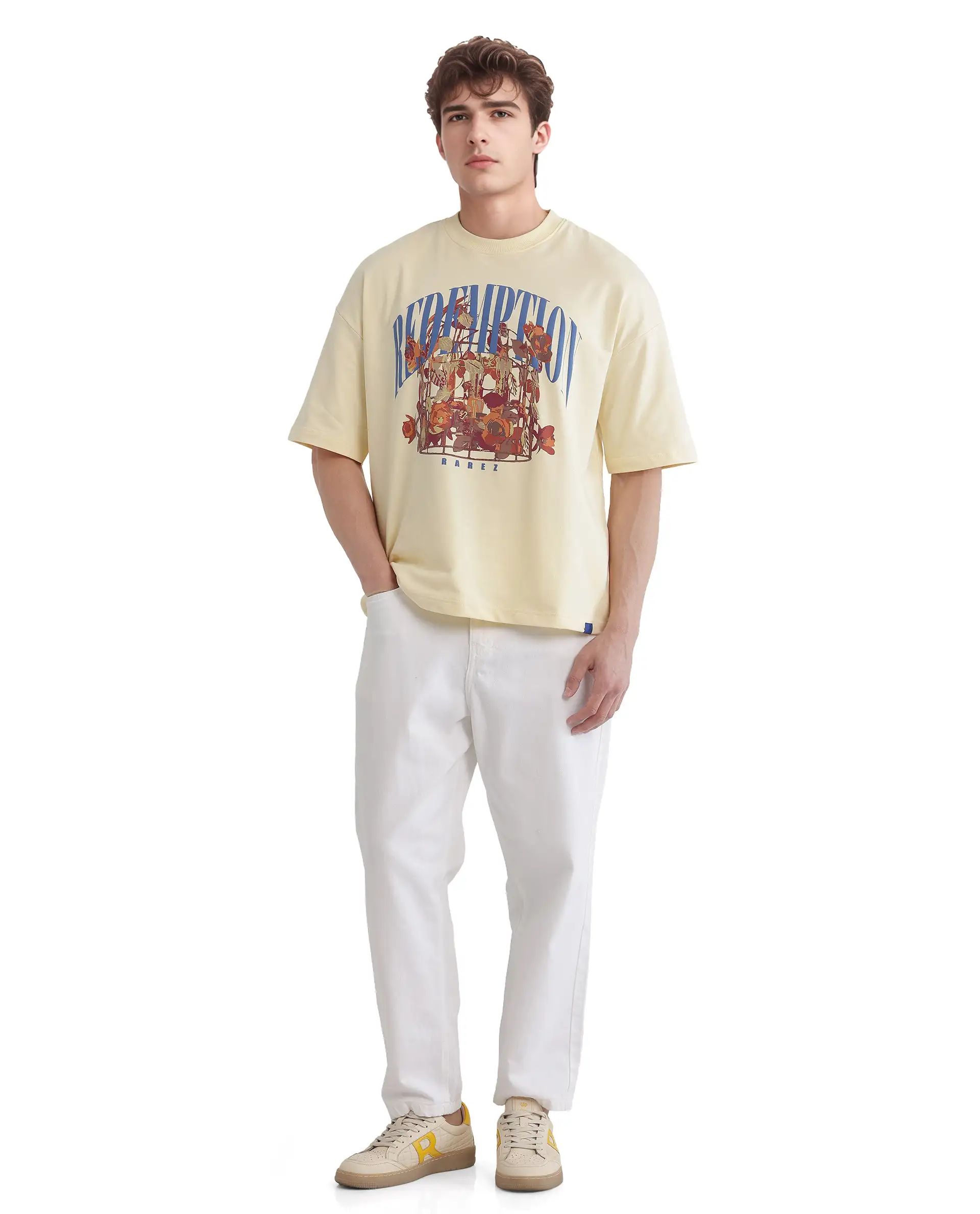 Rare Rabbit Men's Fler Pastel Yellow Cotton Hd Print Oversized Fit Half Sleeve Crew Neck T-Shirt - Image 2