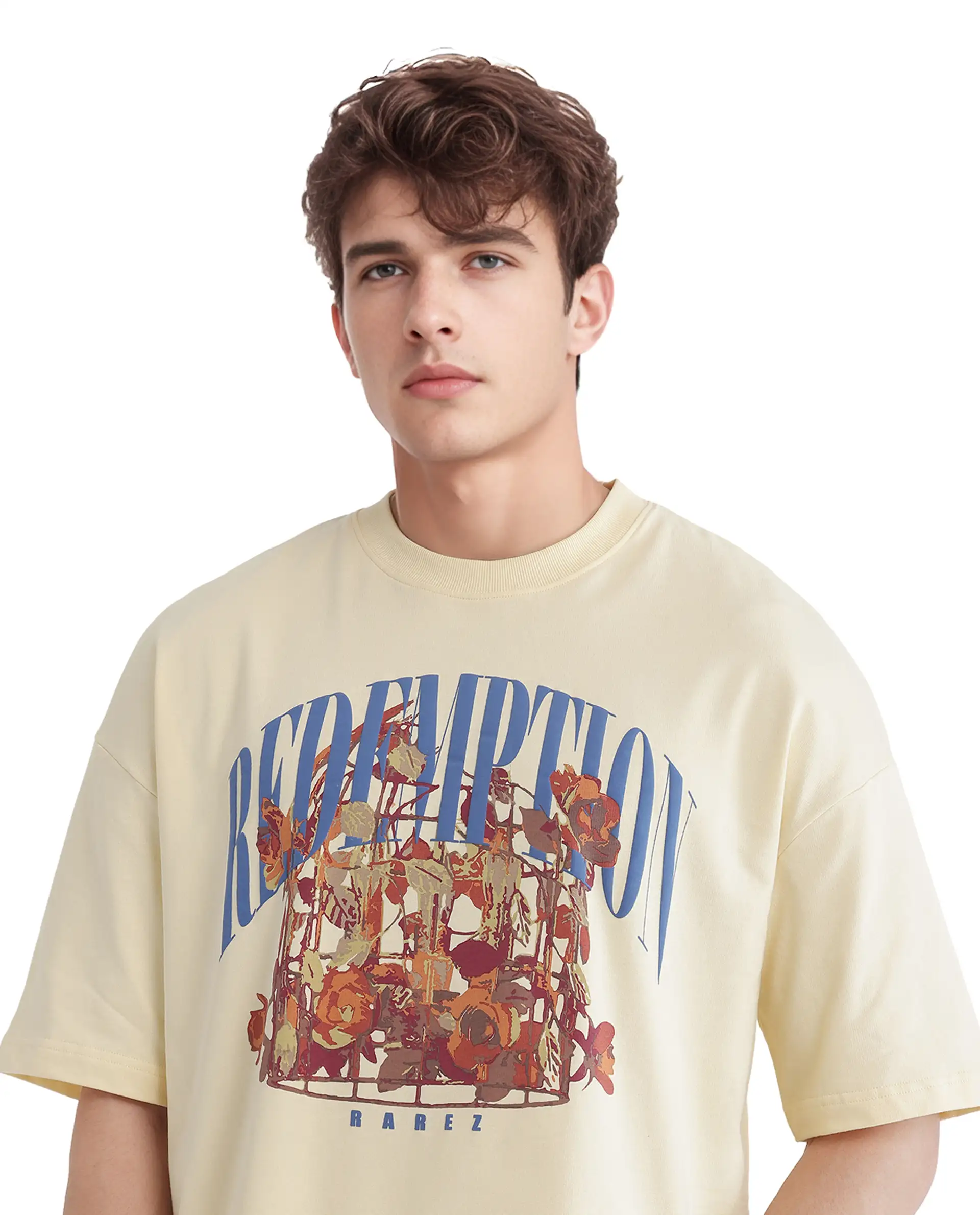 Rare Rabbit Men's Fler Pastel Yellow Cotton Hd Print Oversized Fit Half Sleeve Crew Neck T-Shirt - Image 3