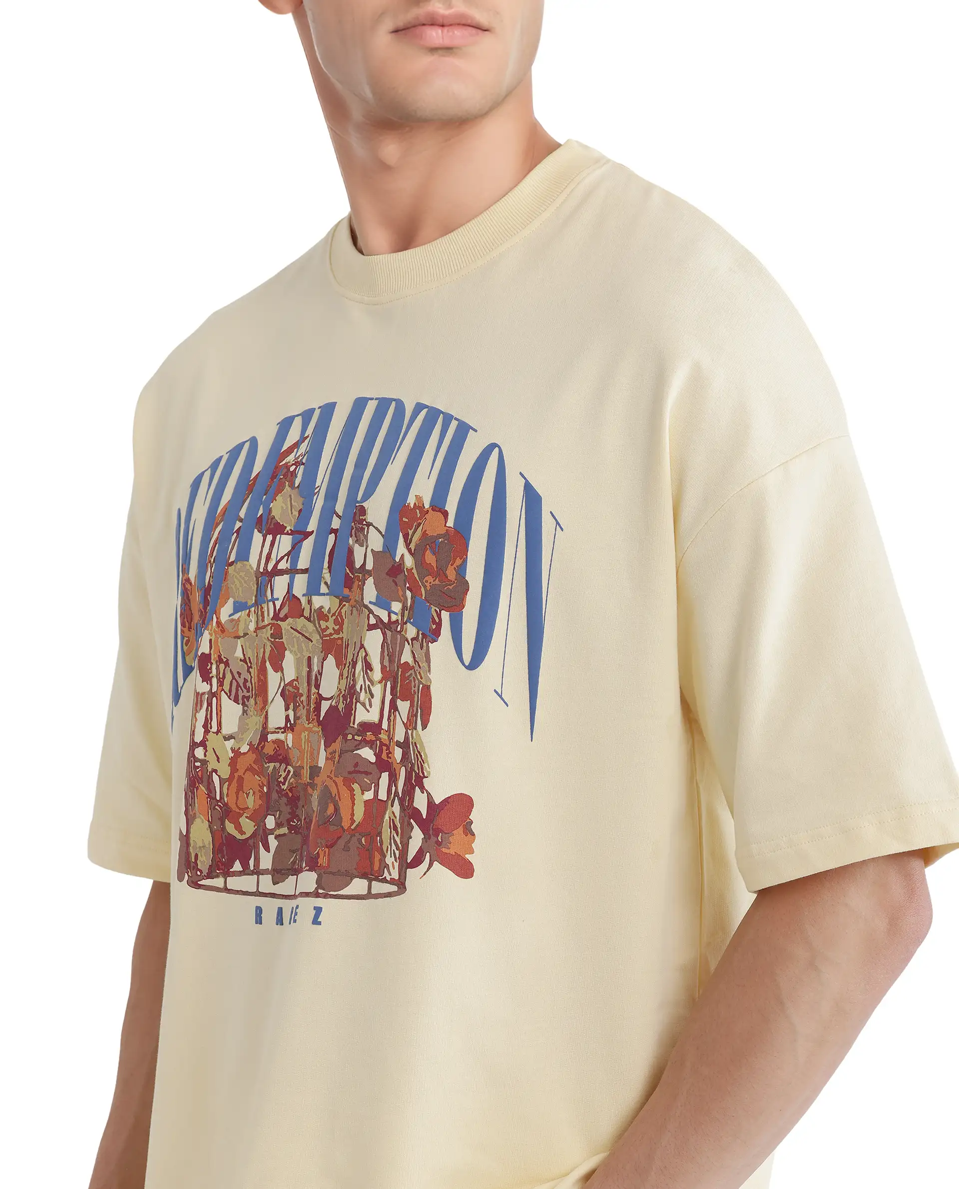 Rare Rabbit Men's Fler Pastel Yellow Cotton Hd Print Oversized Fit Half Sleeve Crew Neck T-Shirt - Image 4