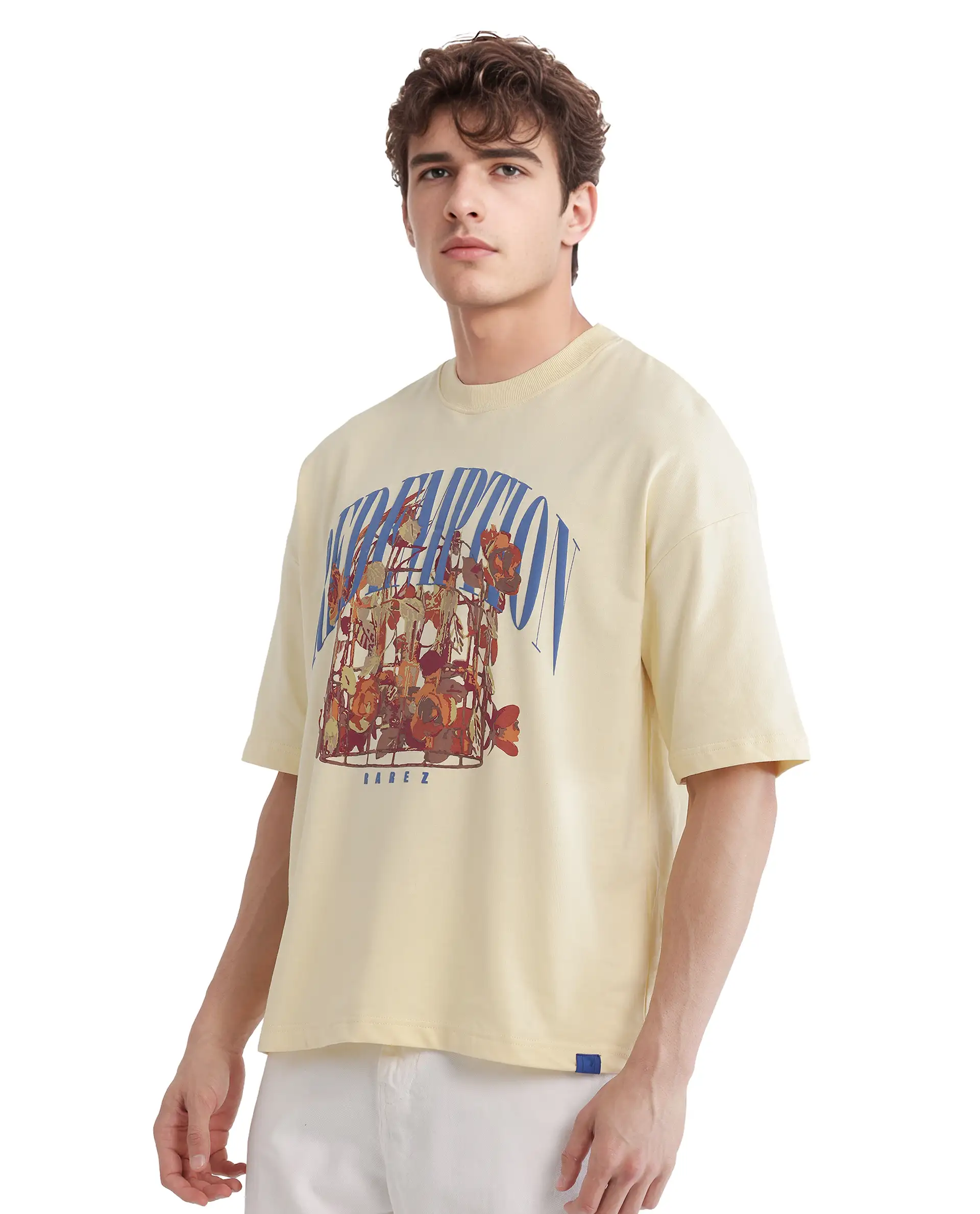 Rare Rabbit Men's Fler Pastel Yellow Cotton Hd Print Oversized Fit Half Sleeve Crew Neck T-Shirt - Image 5