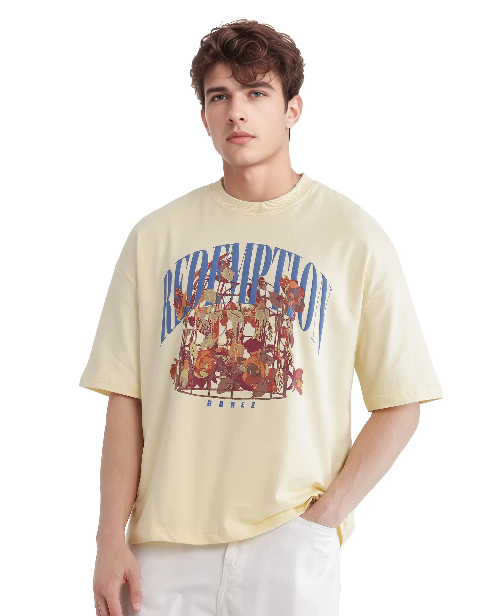 Rare Rabbit Men's Fler Pastel Yellow Cotton Hd Print Oversized Fit Half Sleeve Crew Neck T-Shirt - Image 6