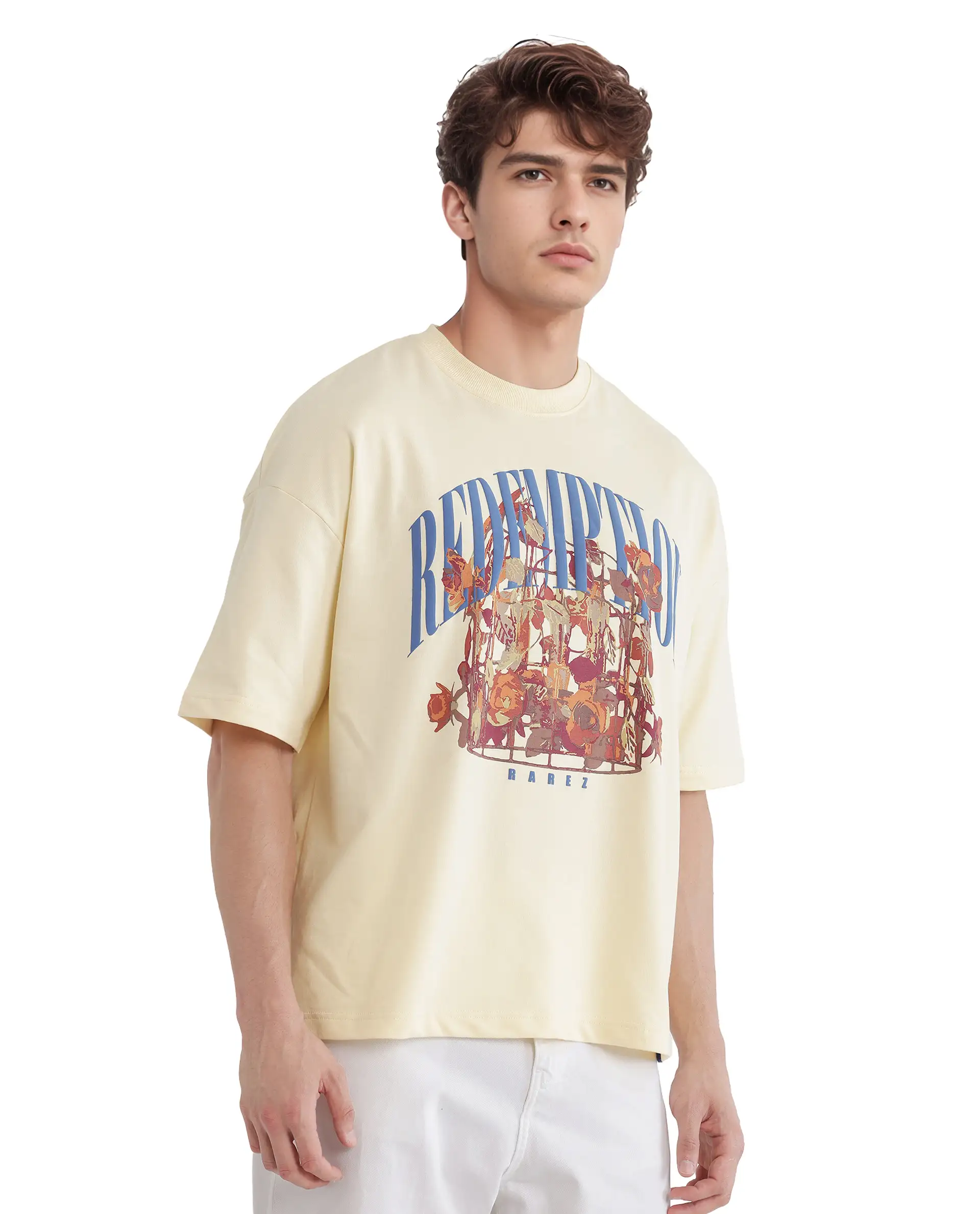 Rare Rabbit Men's Fler Pastel Yellow Cotton Hd Print Oversized Fit Half Sleeve Crew Neck T-Shirt - Image 7