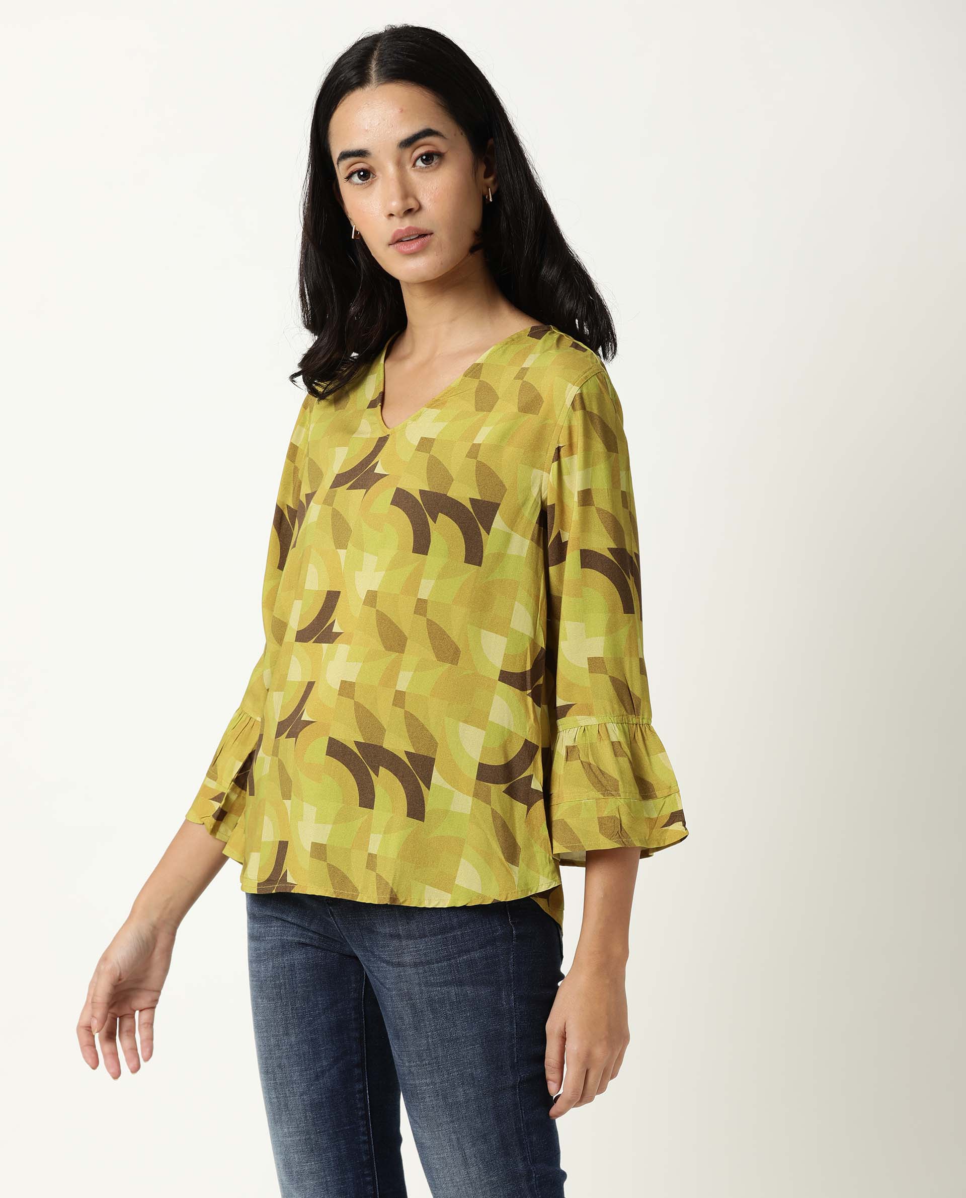 Rareism Womens Flex Green Top Regular Fit Balloon Sleeve V Neck - Image 2