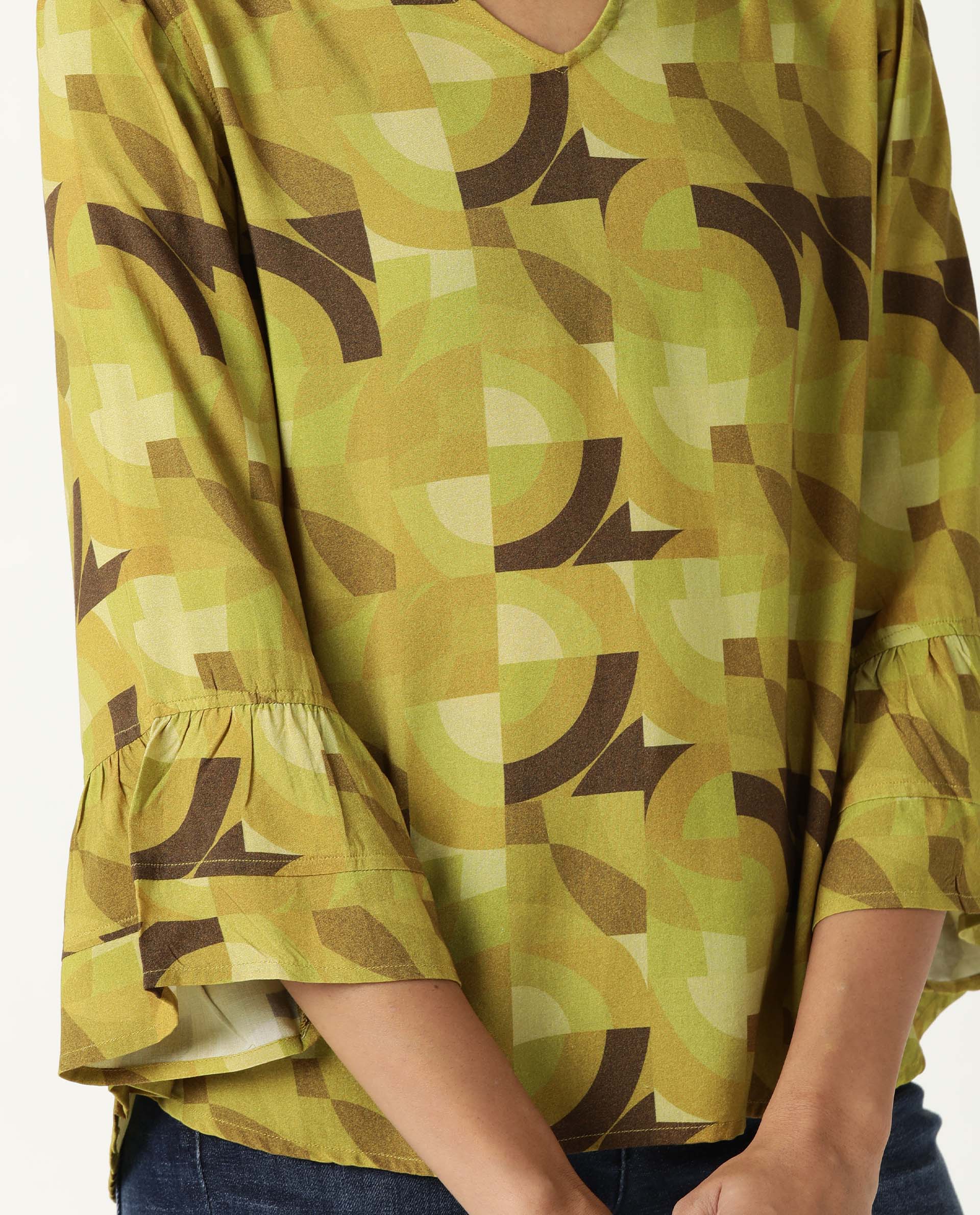 Rareism Womens Flex Green Top Regular Fit Balloon Sleeve V Neck - Image 3