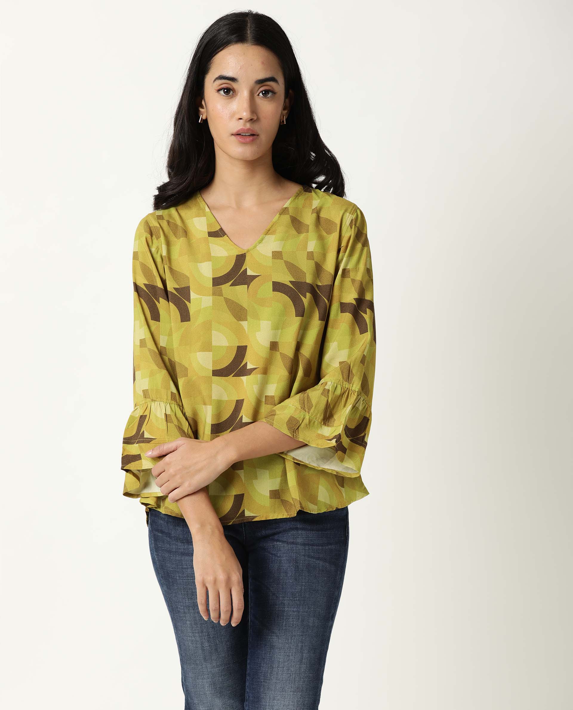 Rareism Womens Flex Green Top Regular Fit Balloon Sleeve V Neck - Image 4