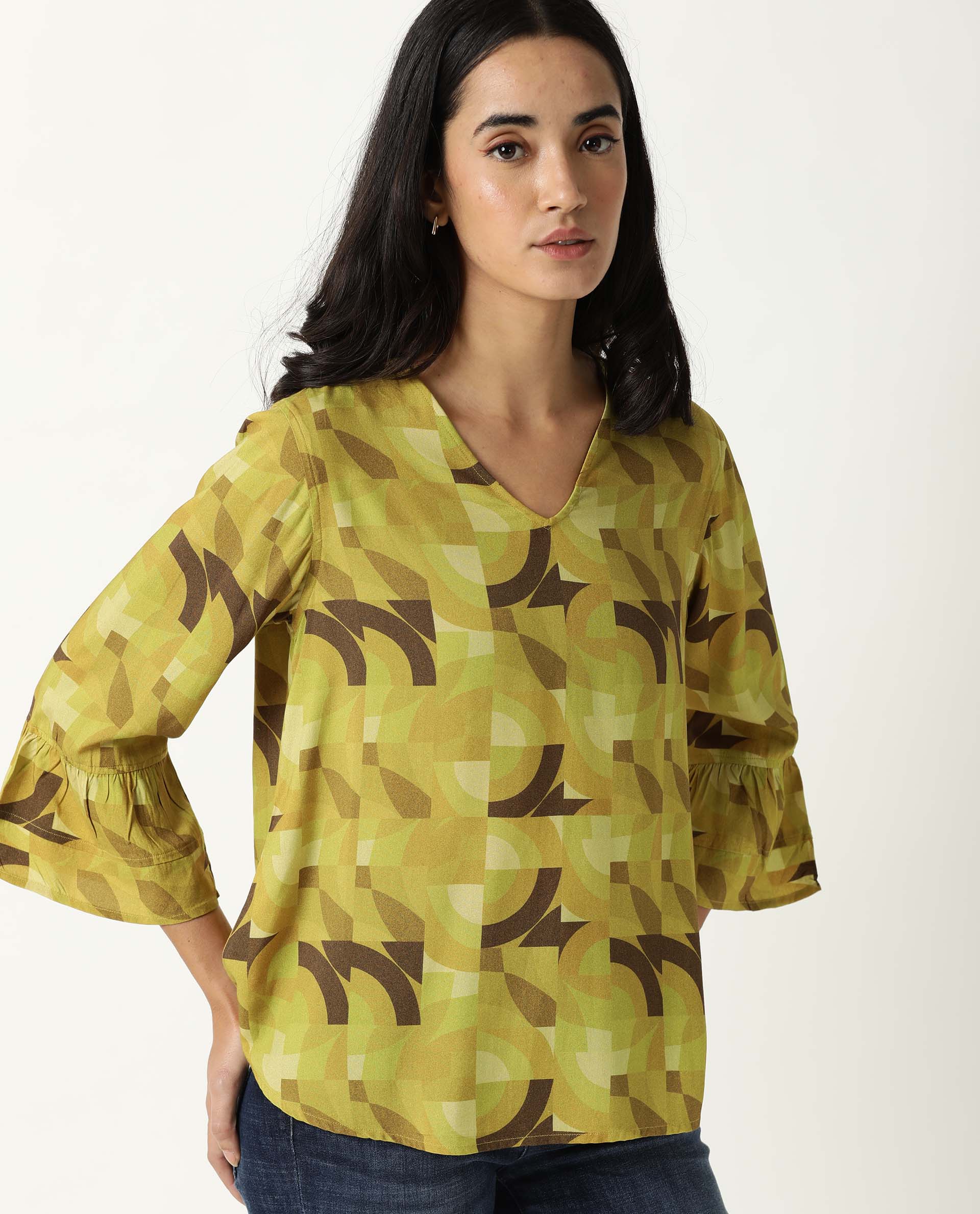 Rareism Womens Flex Green Top Regular Fit Balloon Sleeve V Neck - Image 6