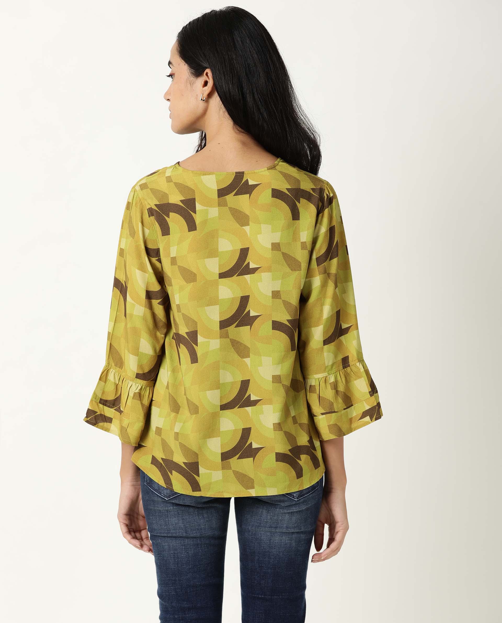 Rareism Womens Flex Green Top Regular Fit Balloon Sleeve V Neck - Image 7