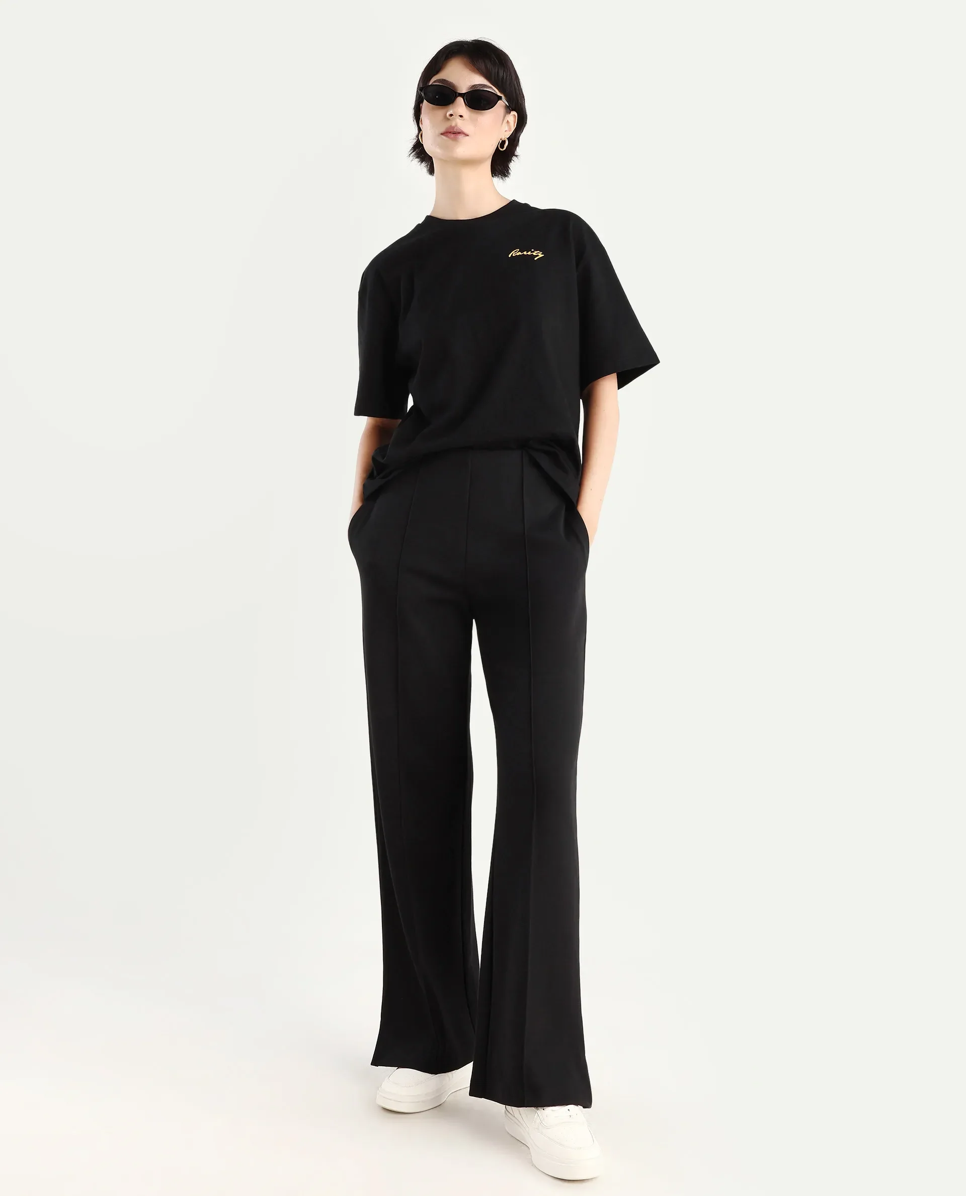 Rareism Women's Flex Black Cotton Blend Crew Neck Graphic Print Oversized T-Shirt - Image 2