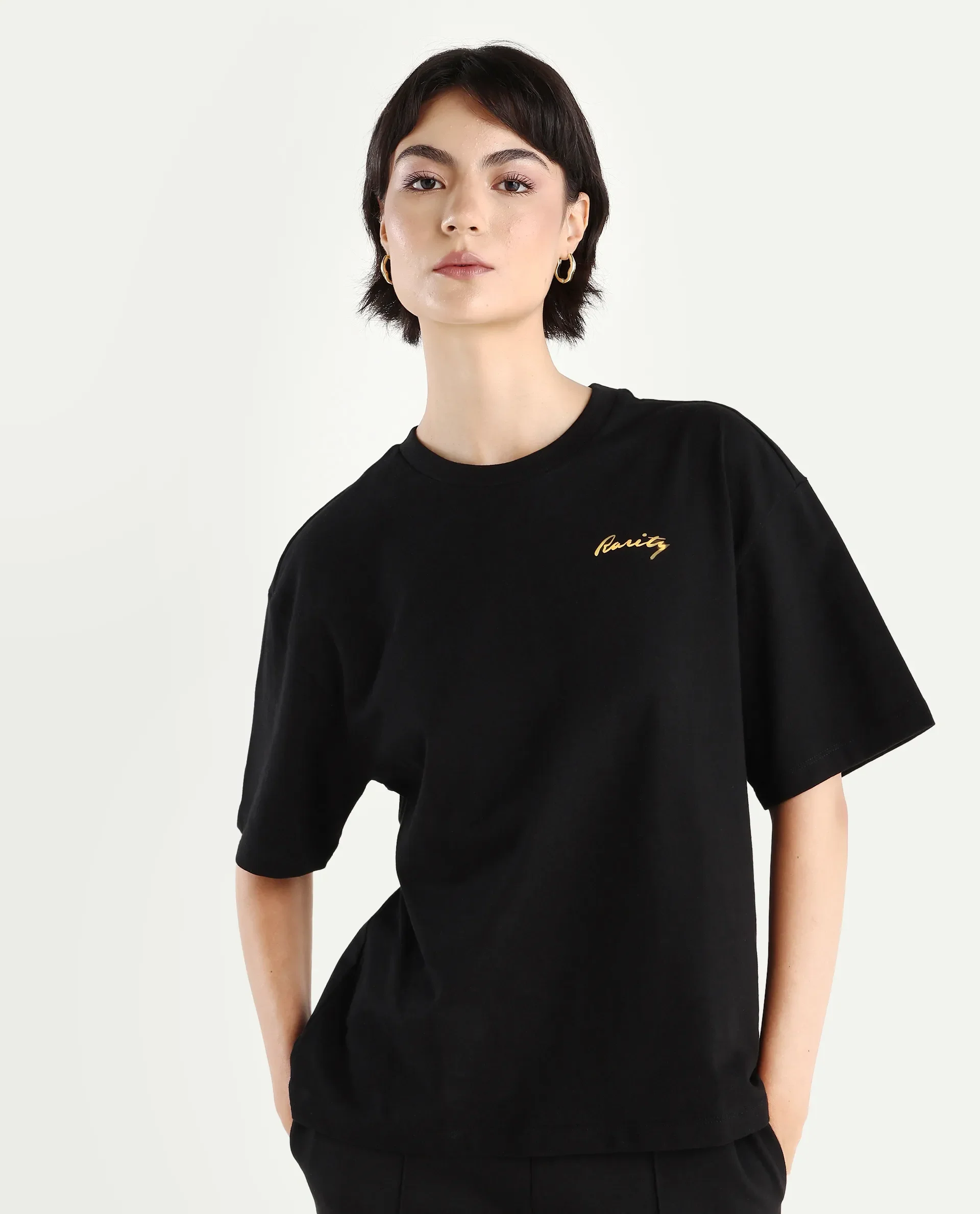 Rareism Women's Flex Black Cotton Blend Crew Neck Graphic Print Oversized T-Shirt - Image 3