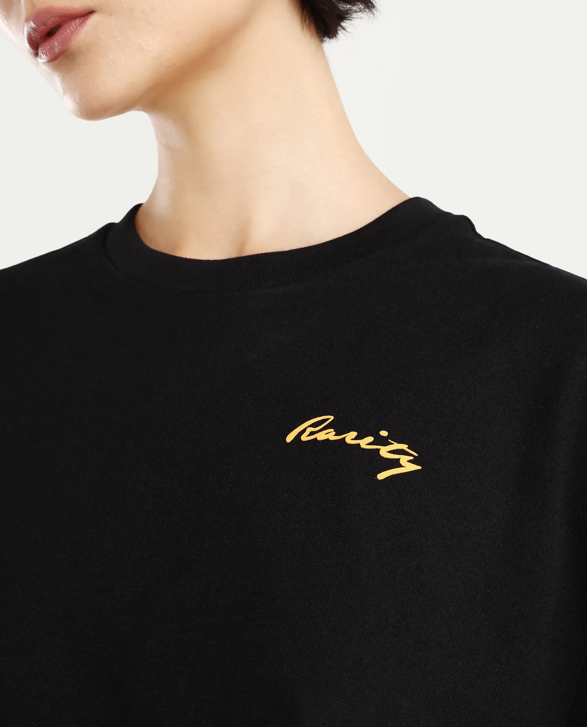 Rareism Women's Flex Black Cotton Blend Crew Neck Graphic Print Oversized T-Shirt - Image 4