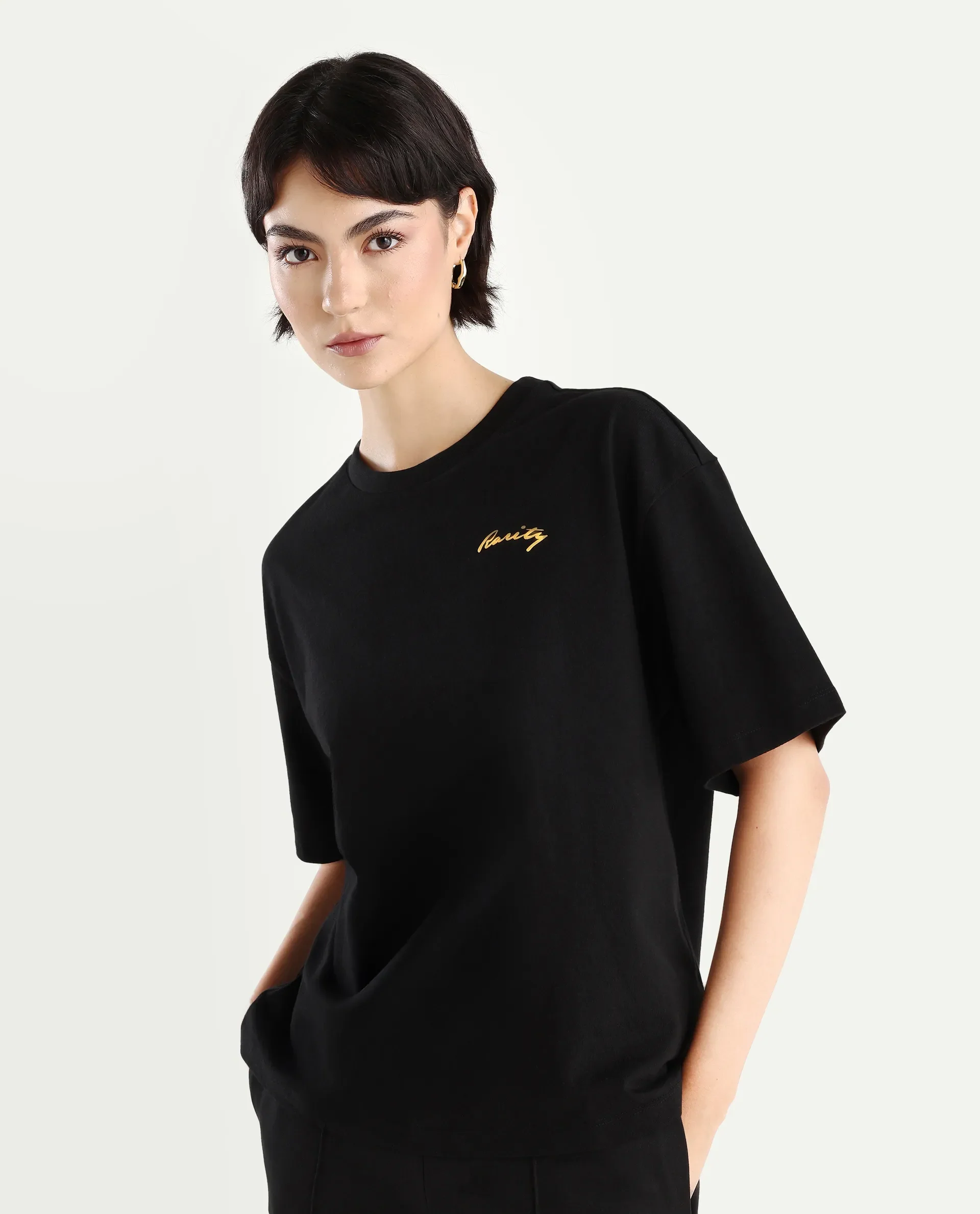 Rareism Women's Flex Black Cotton Blend Crew Neck Graphic Print Oversized T-Shirt - Image 5