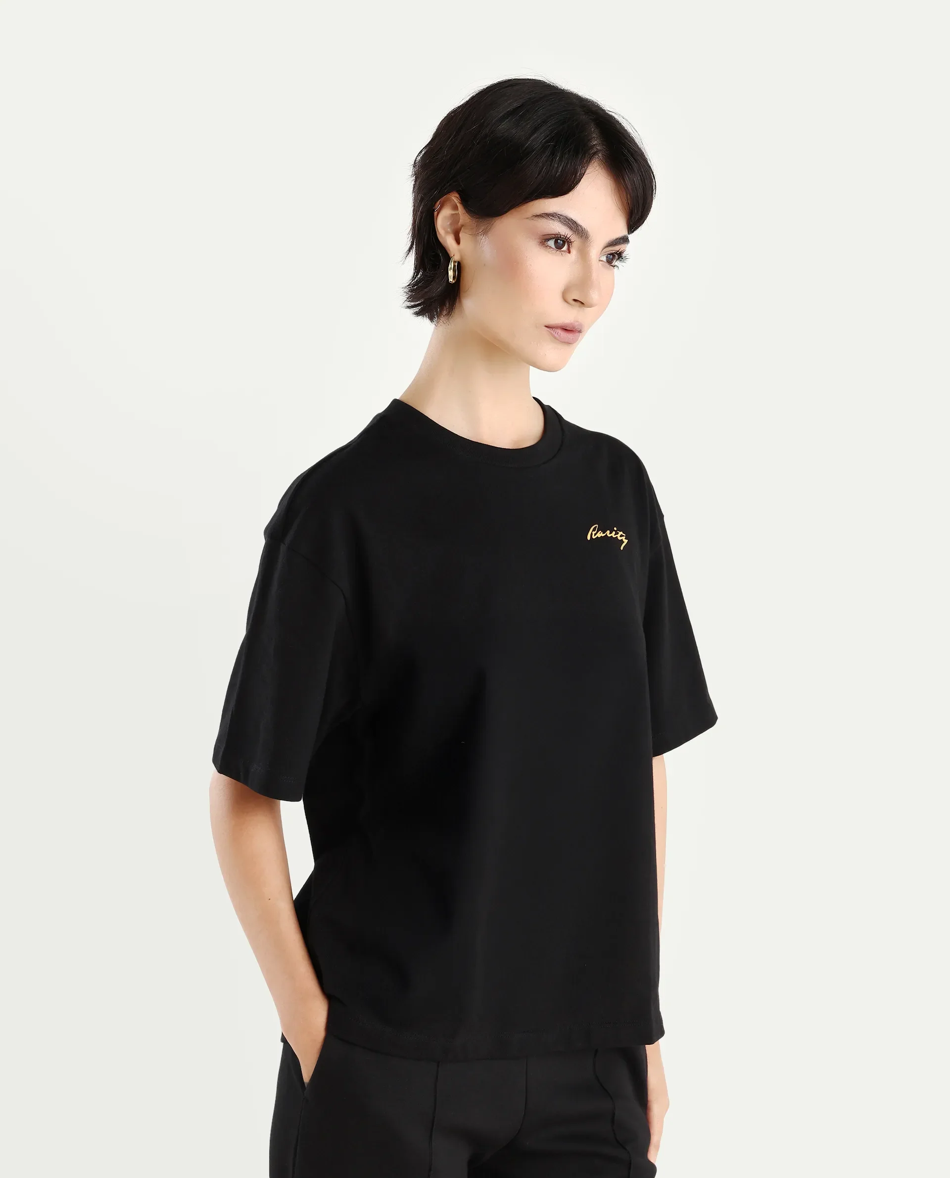 Rareism Women's Flex Black Cotton Blend Crew Neck Graphic Print Oversized T-Shirt - Image 6