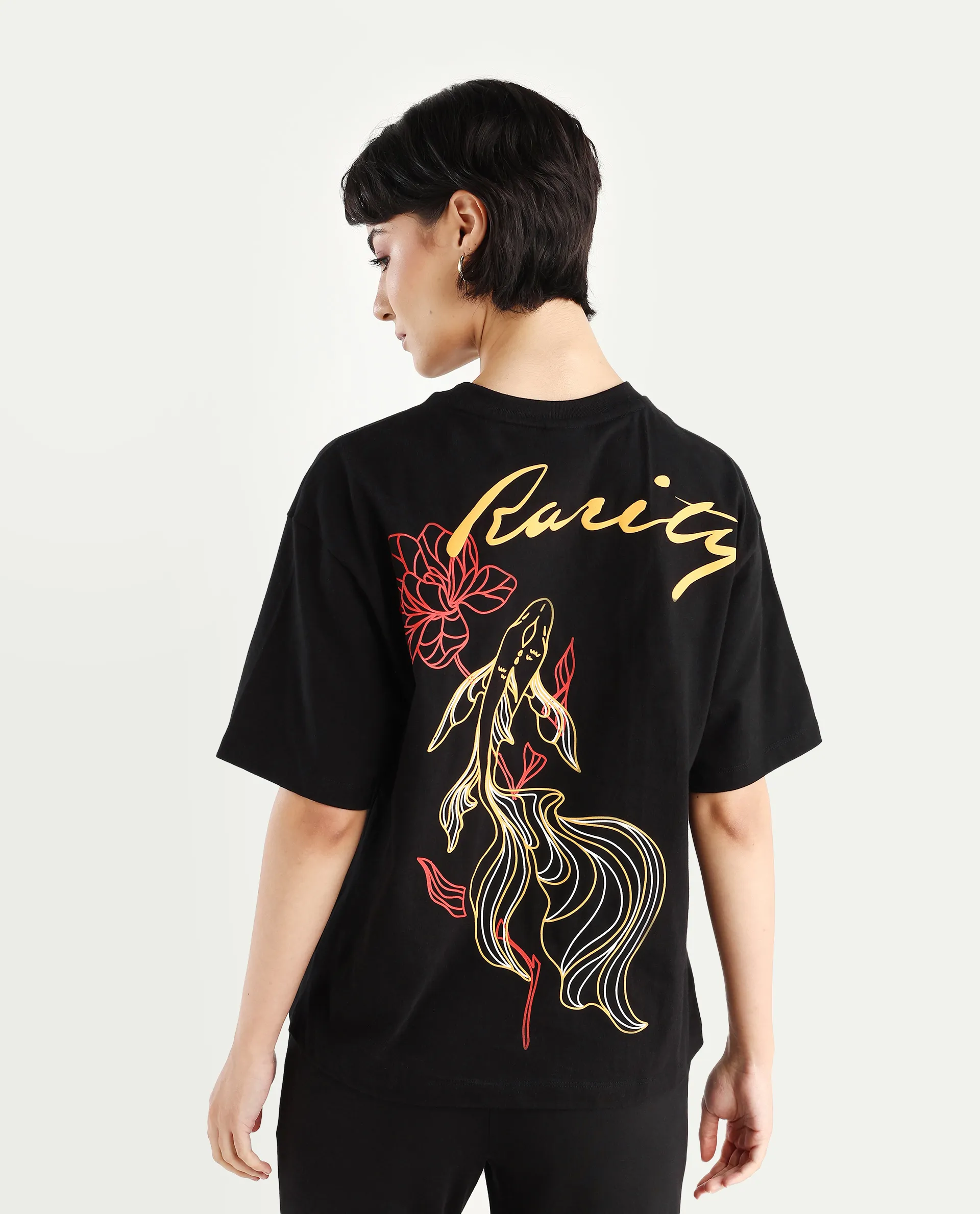 Rareism Women's Flex Black Cotton Blend Crew Neck Graphic Print Oversized T-Shirt - Image 7