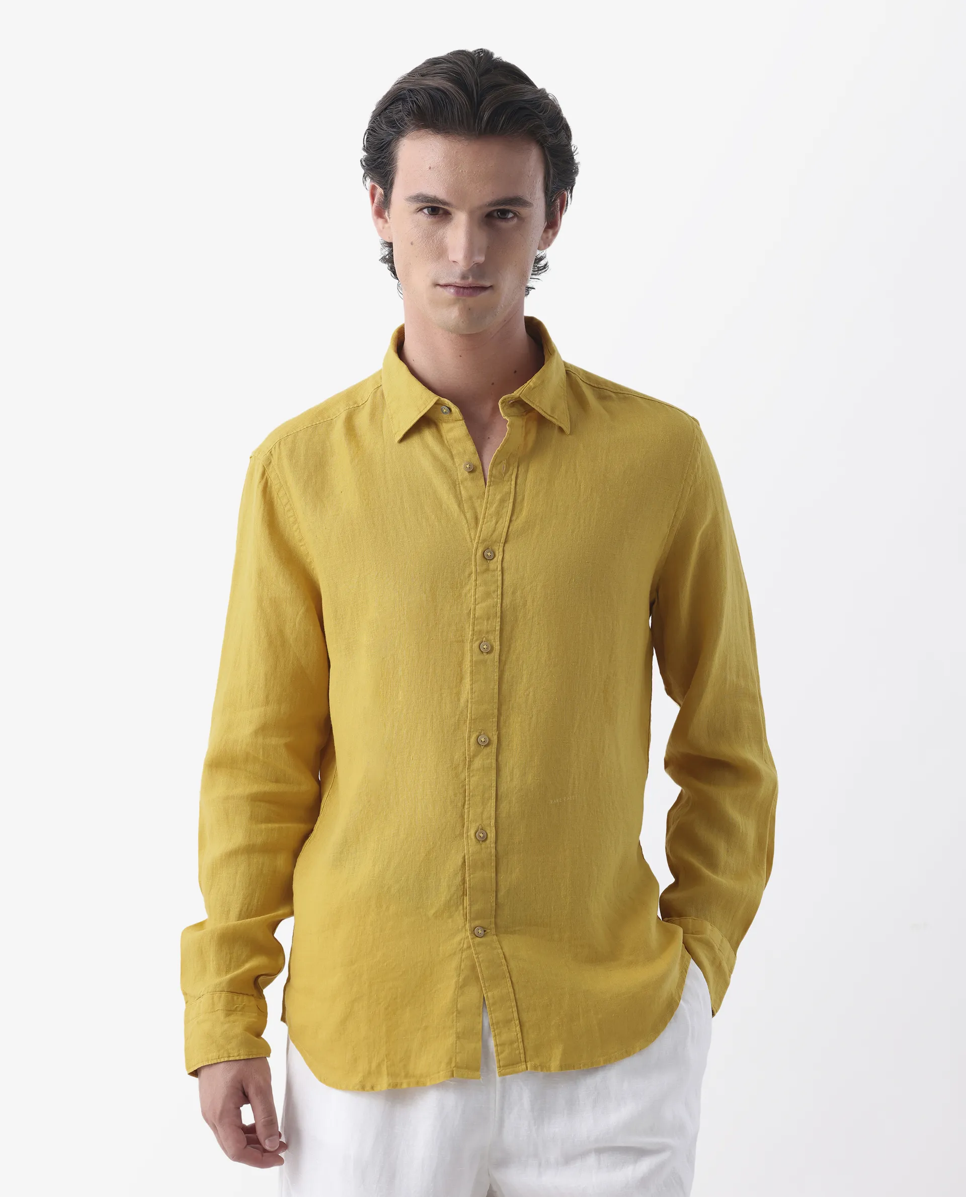 Rare Rabbit Men's Flexy Mustard 100% Linen Plain Regular Fit Full Sleeve Spread Collar Shirt
