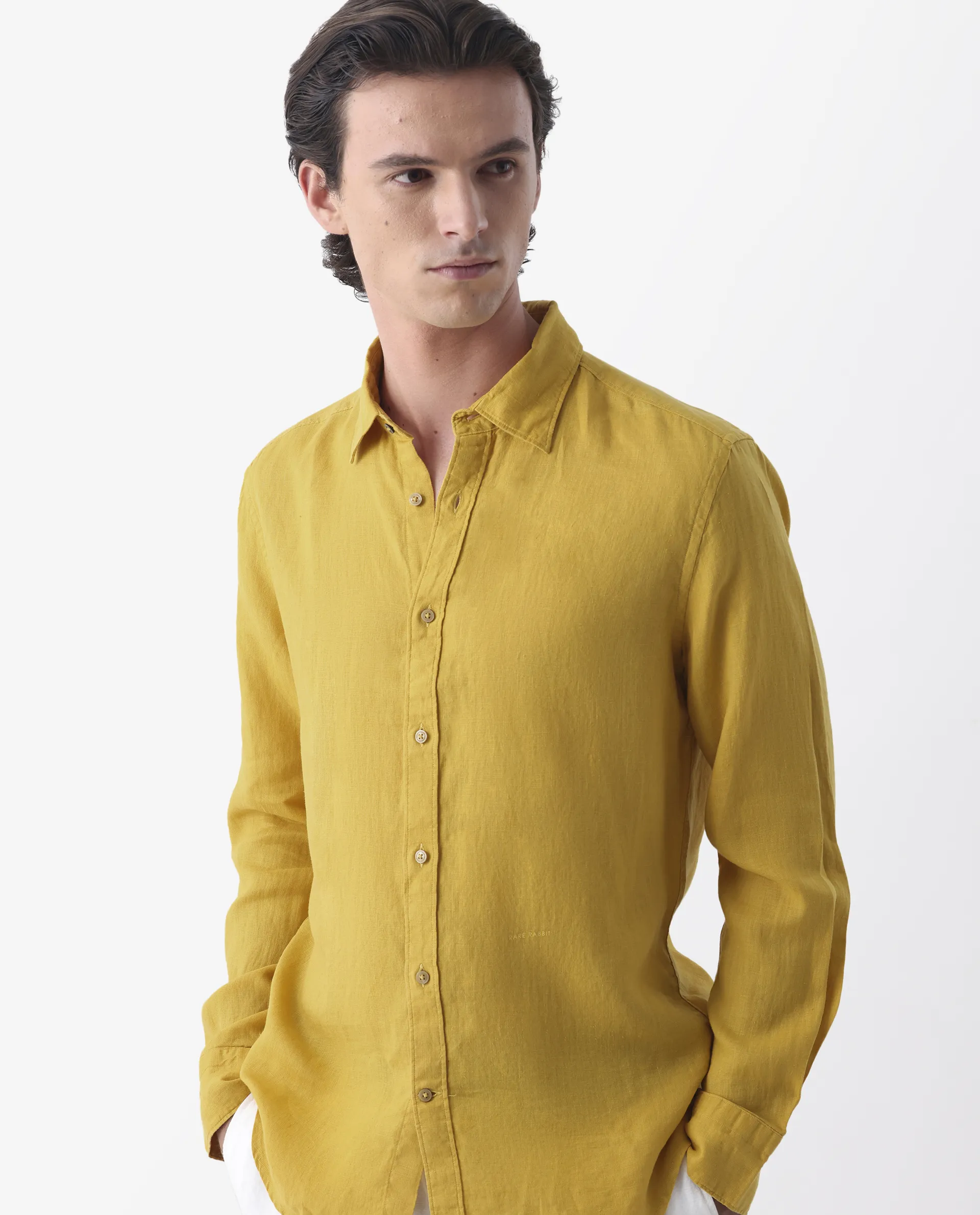 Rare Rabbit Men's Flexy Mustard 100% Linen Plain Regular Fit Full Sleeve Spread Collar Shirt - Image 2