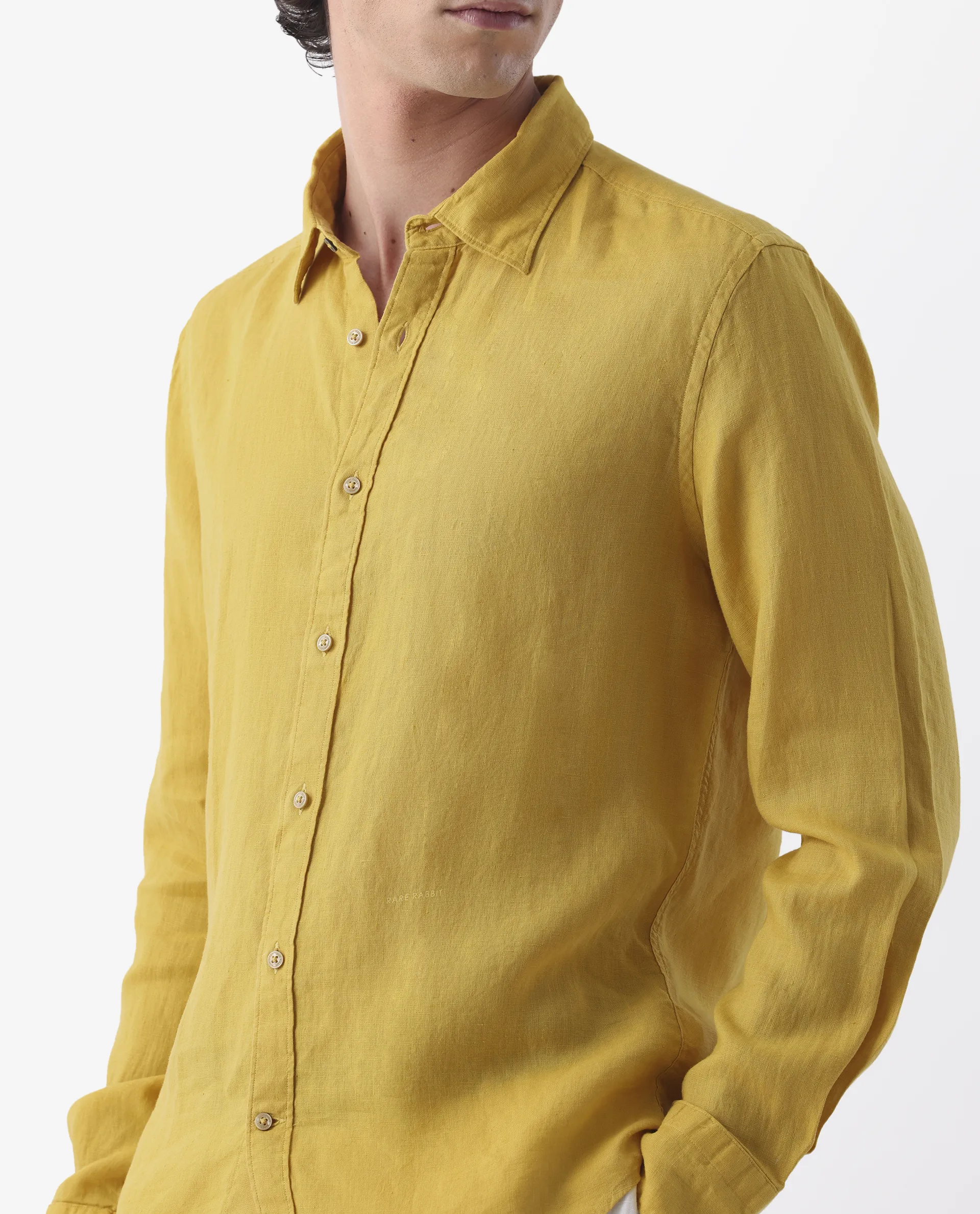 Rare Rabbit Men's Flexy Mustard 100% Linen Plain Regular Fit Full Sleeve Spread Collar Shirt - Image 3