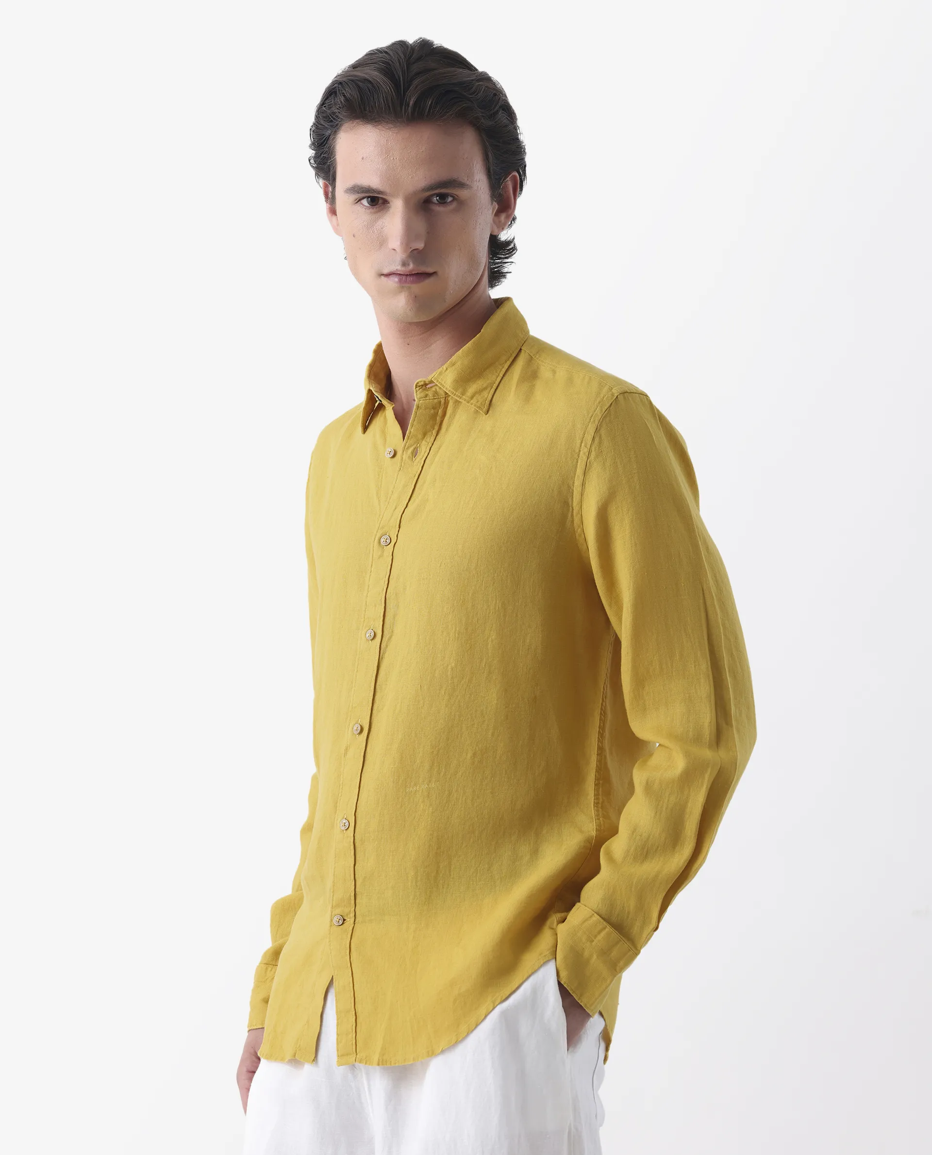 Rare Rabbit Men's Flexy Mustard 100% Linen Plain Regular Fit Full Sleeve Spread Collar Shirt - Image 4