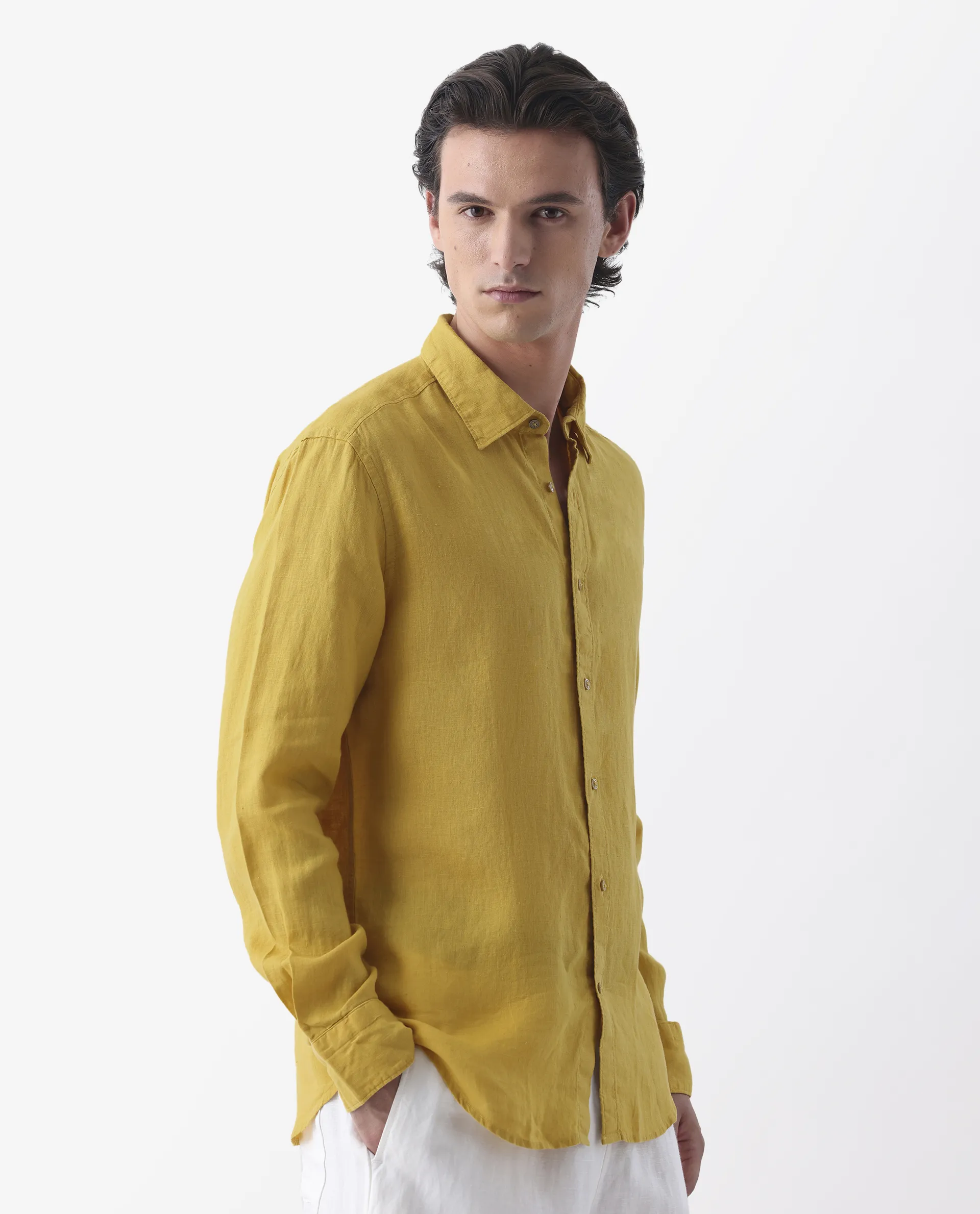 Rare Rabbit Men's Flexy Mustard 100% Linen Plain Regular Fit Full Sleeve Spread Collar Shirt - Image 5