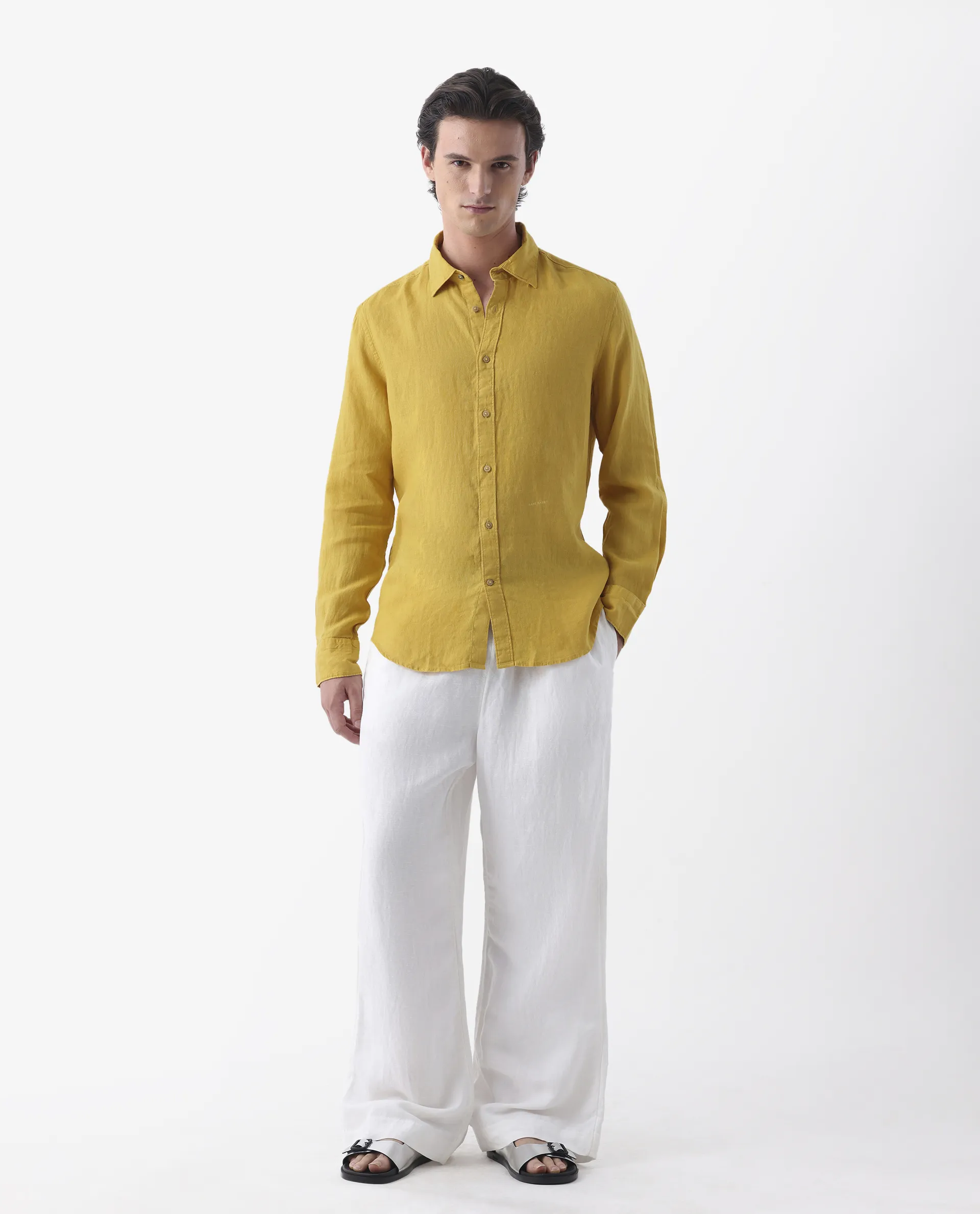 Rare Rabbit Men's Flexy Mustard 100% Linen Plain Regular Fit Full Sleeve Spread Collar Shirt - Image 6