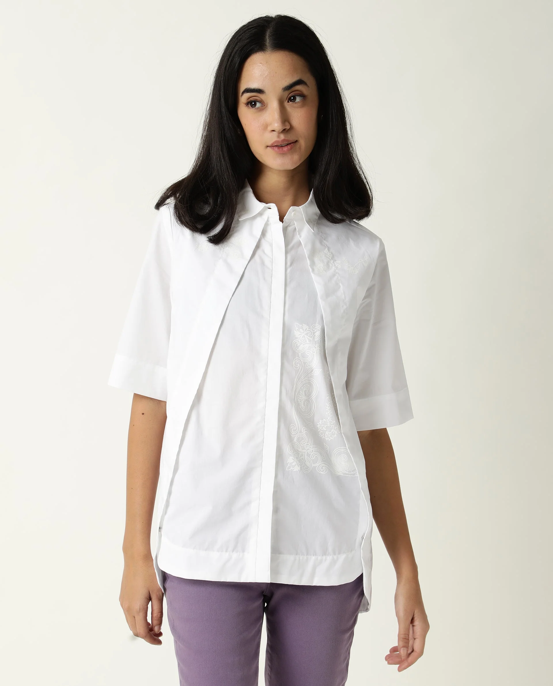 Rareism Women's Flick White Cotton Spread Collar Plain Regular Fit Top