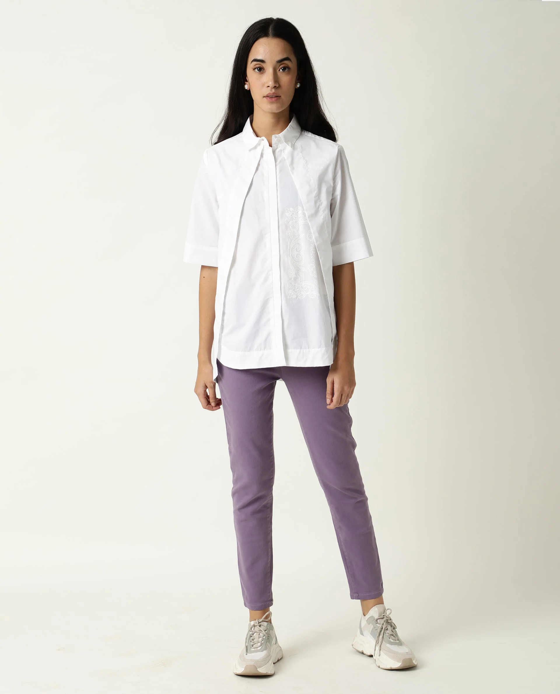Rareism Women's Flick White Cotton Spread Collar Plain Regular Fit Top - Image 2