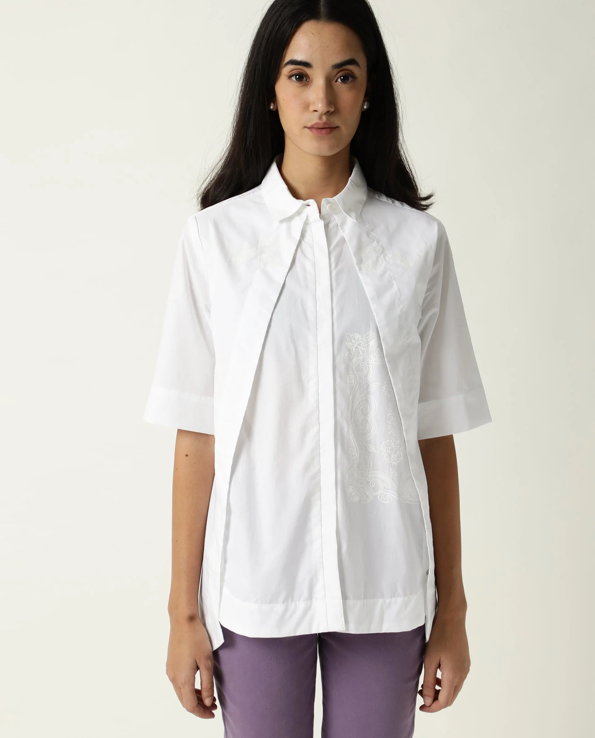 Rareism Women's Flick White Cotton Spread Collar Plain Regular Fit Top - Image 6