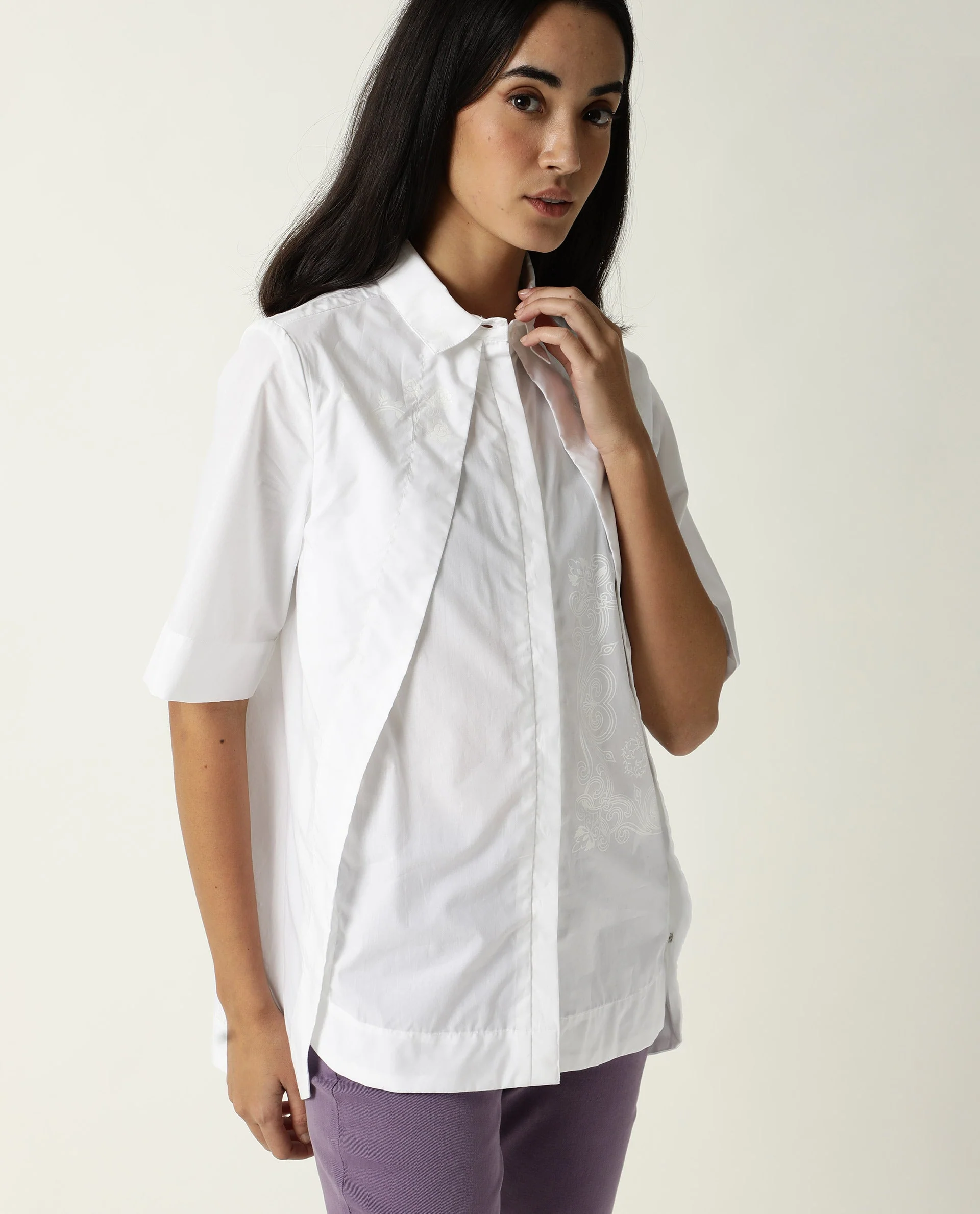Rareism Women's Flick White Cotton Spread Collar Plain Regular Fit Top - Image 8